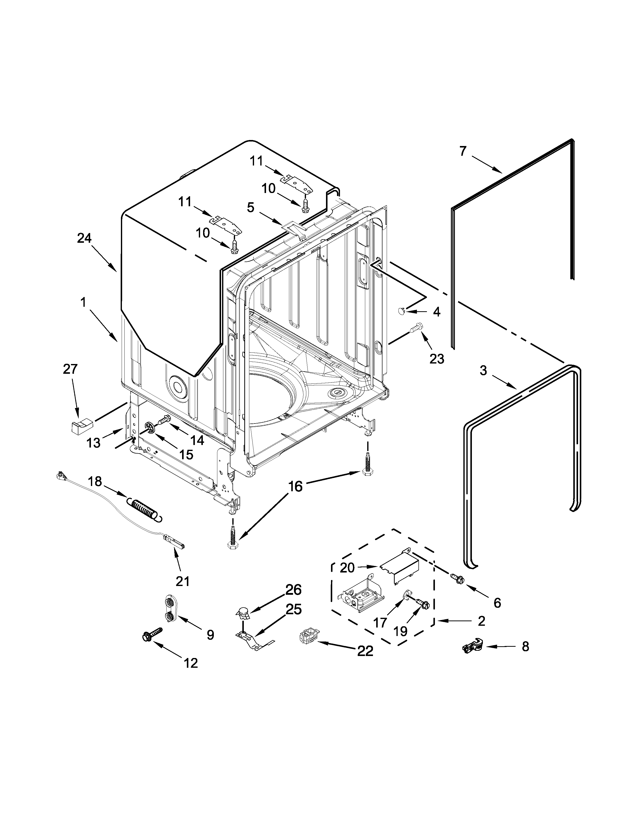 Jenn-Air JDB9000CWP2 tub and frame parts diagram