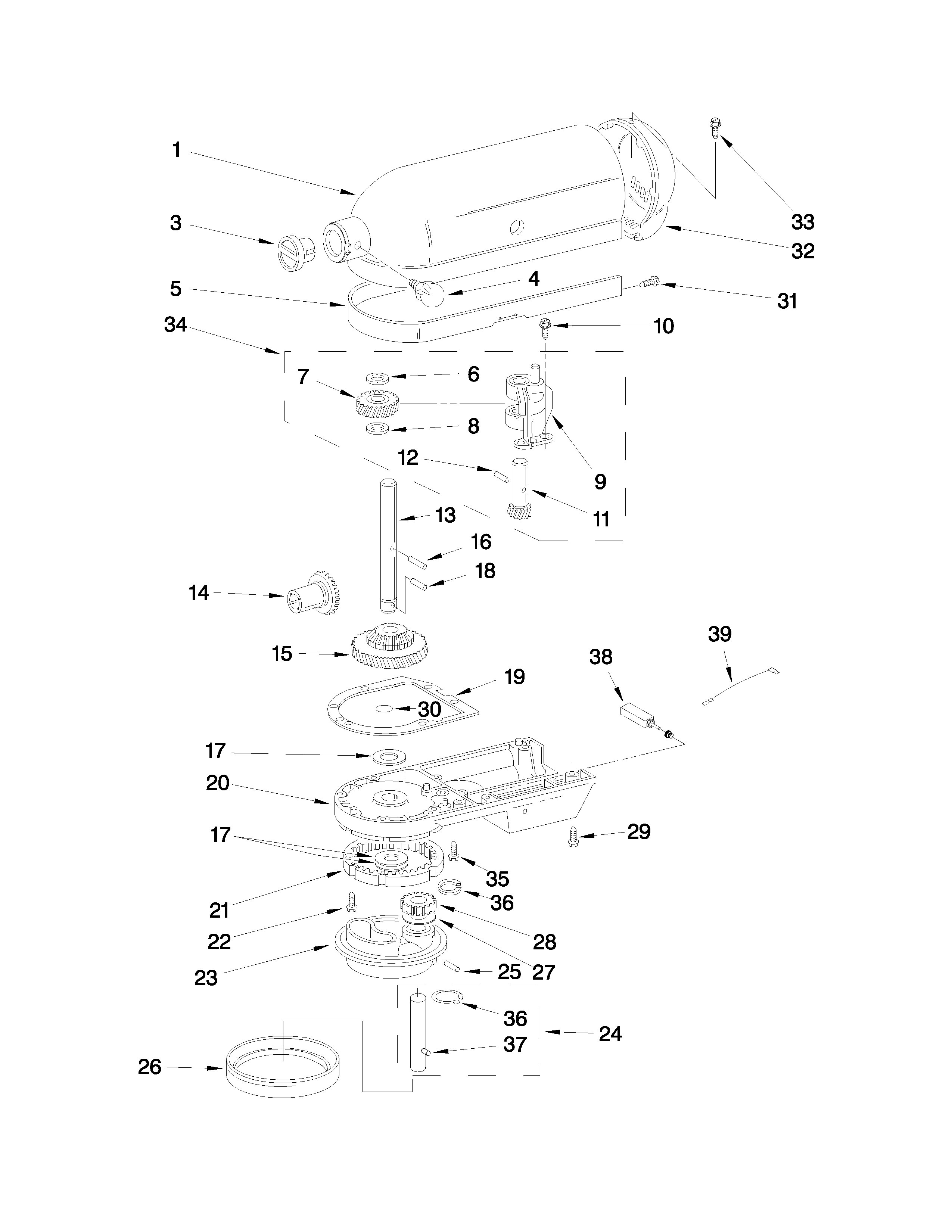 KitchenAid 4KSM50POB0 case, gearing and planetary unit parts diagram