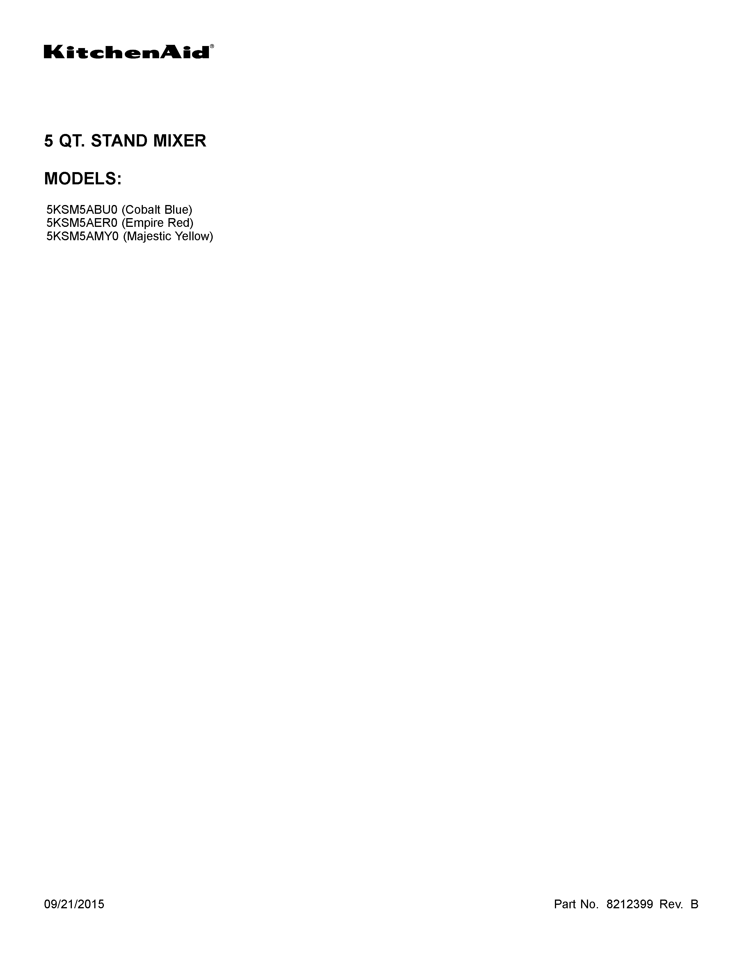 KitchenAid 5KSM5AER0 cover sheet diagram