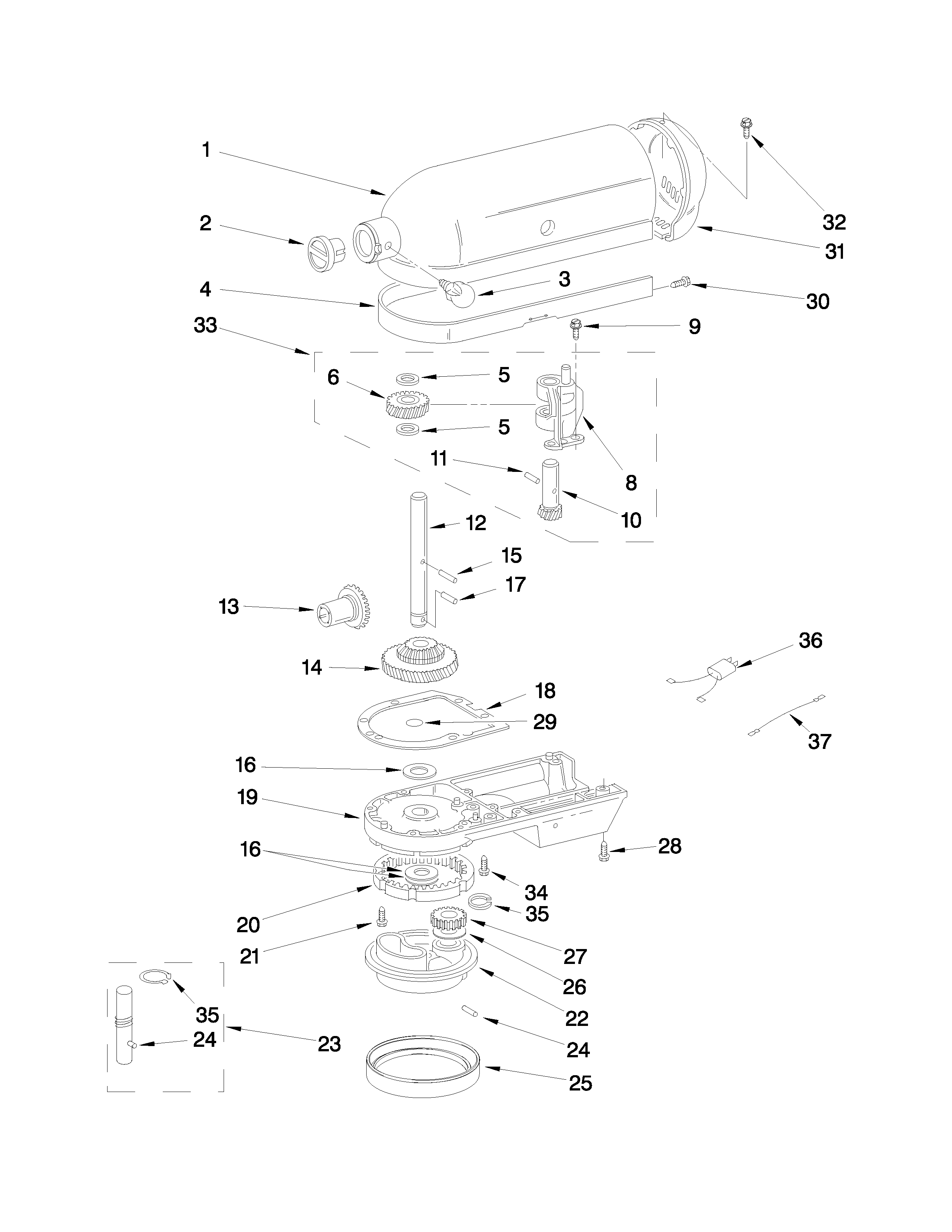 KitchenAid 5KSM5AER0 case, gearing and planetary unit parts diagram