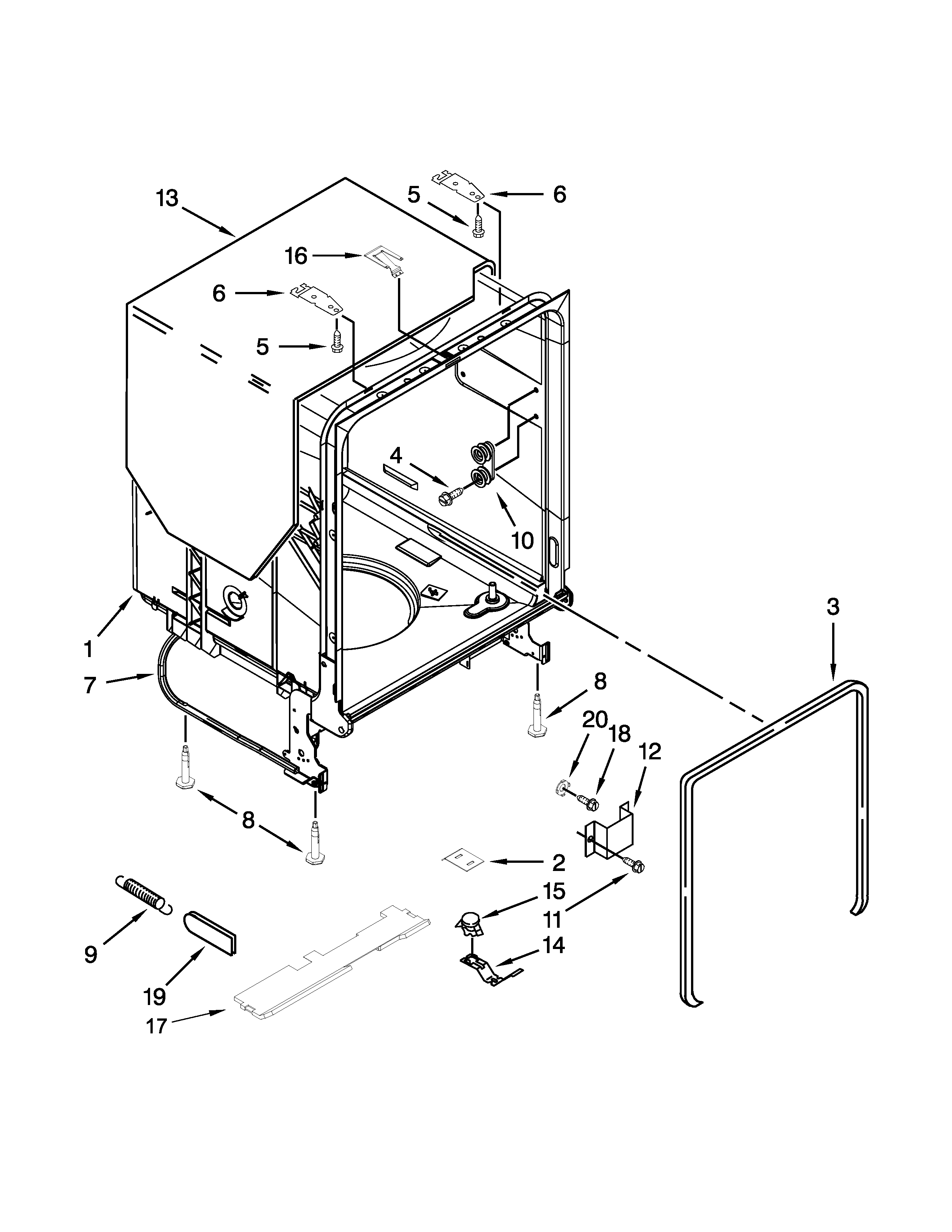 Whirlpool WDF540PADW2 tub and frame parts diagram
