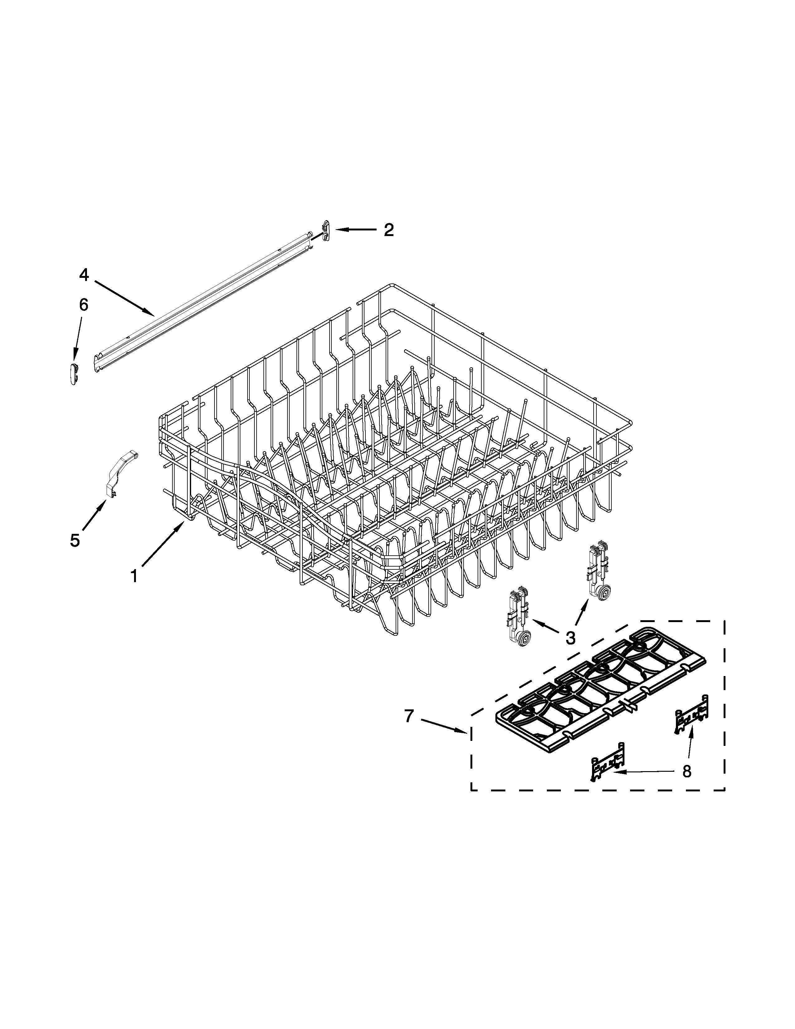 Whirlpool WDF540PADW2 upper rack and track parts diagram