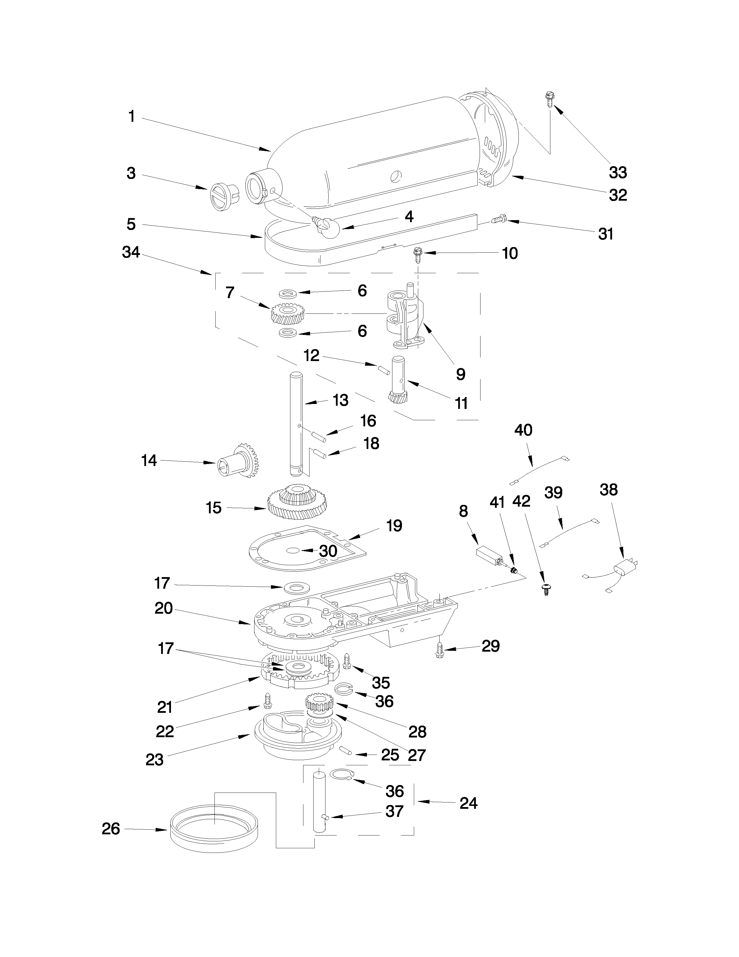 KitchenAid 5KPM50BWH4 case, gearing and planetary unit parts diagram