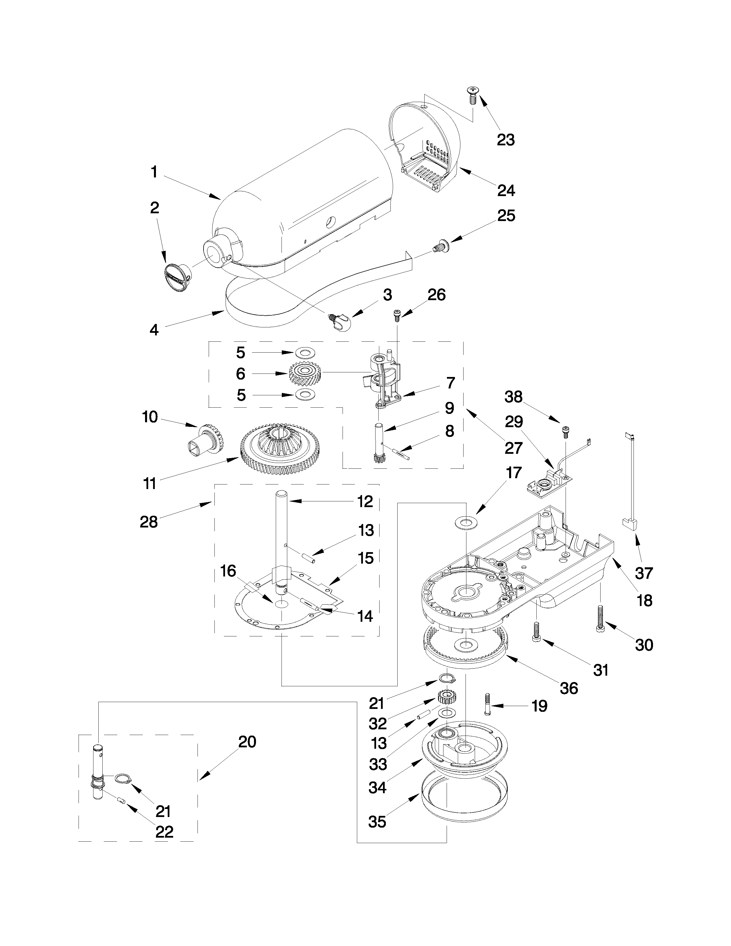 KitchenAid 5K5SSCWH0 case, gearing and planetary unit parts diagram