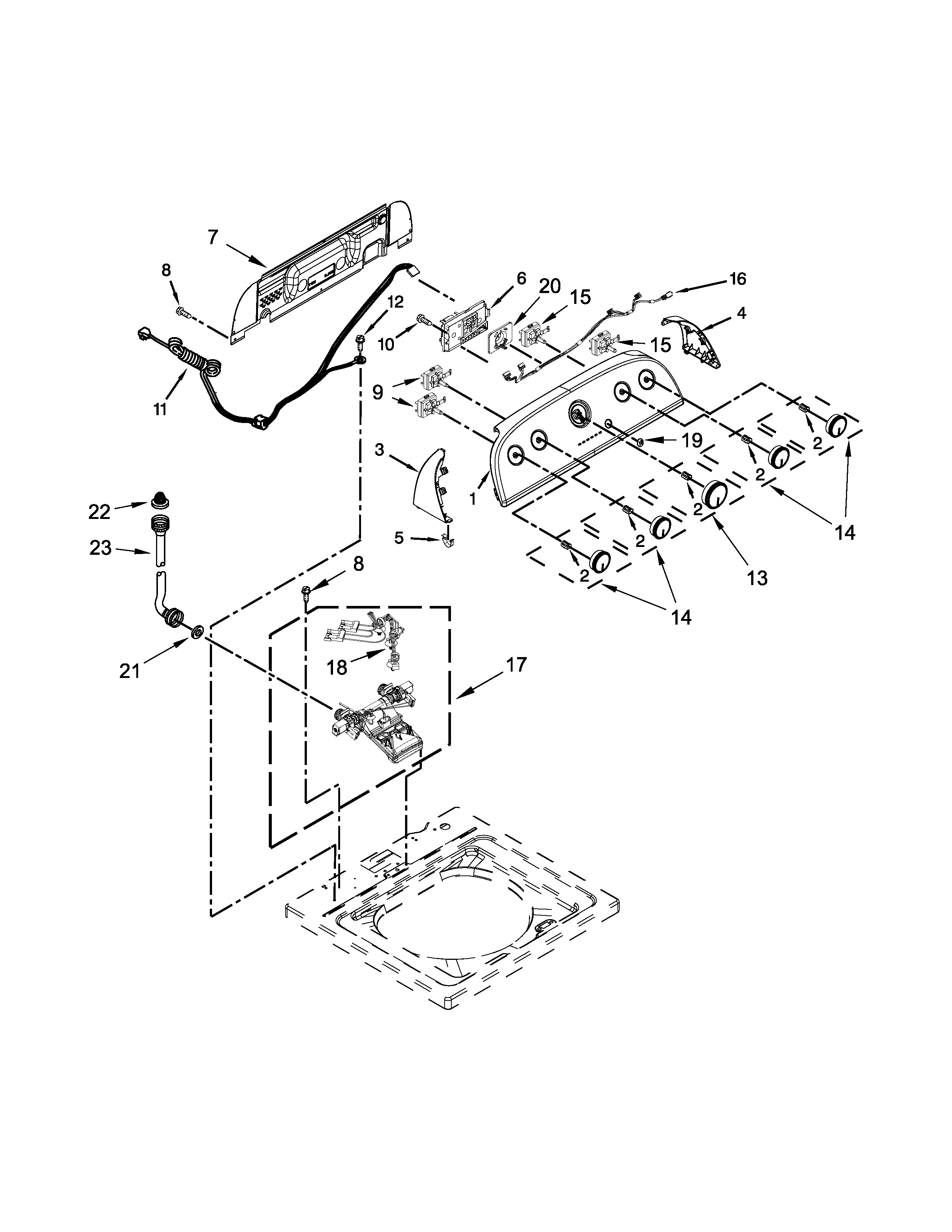 Whirlpool 7MWTW1904DM1 controls and water inlet parts diagram