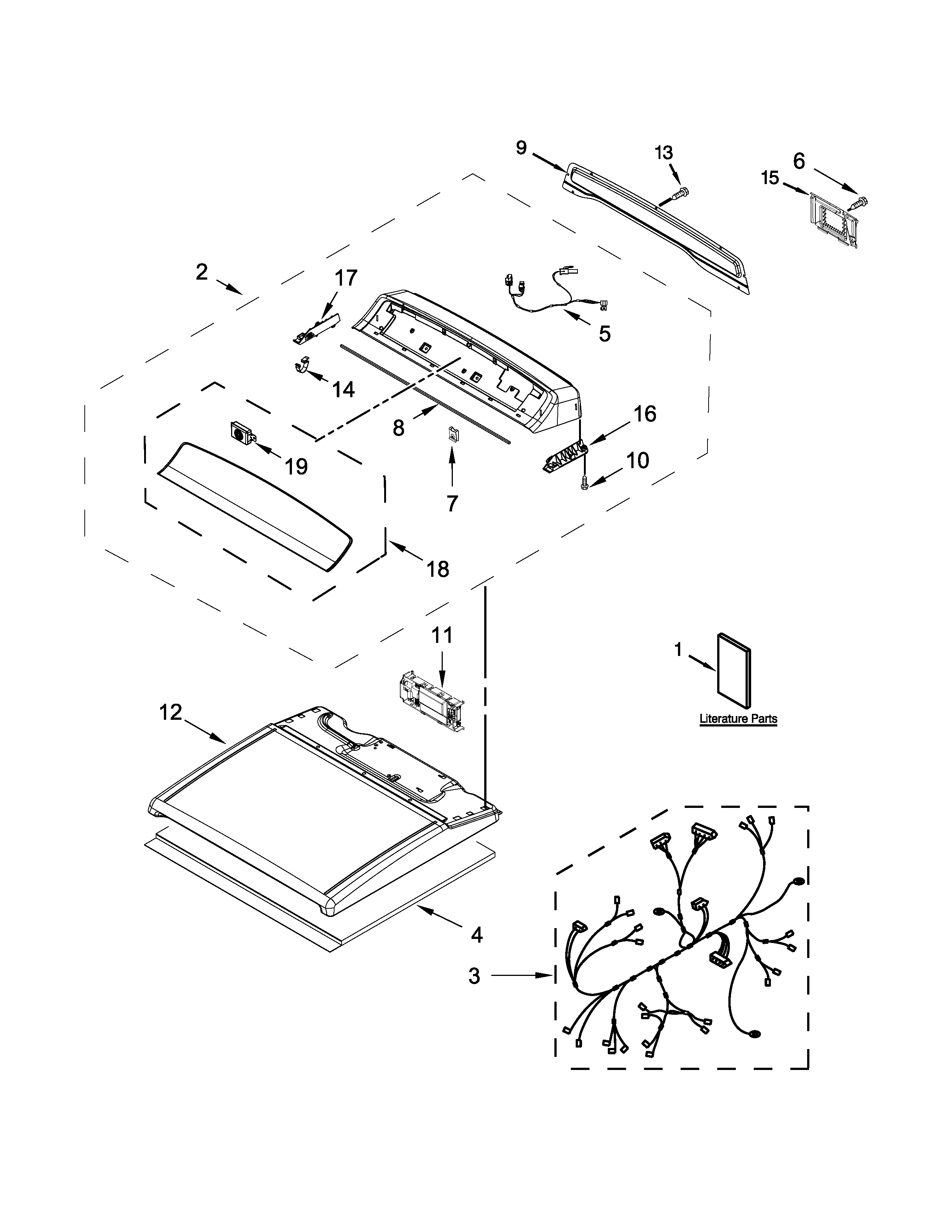 Whirlpool 7MWGD8000EW0 top and console parts diagram