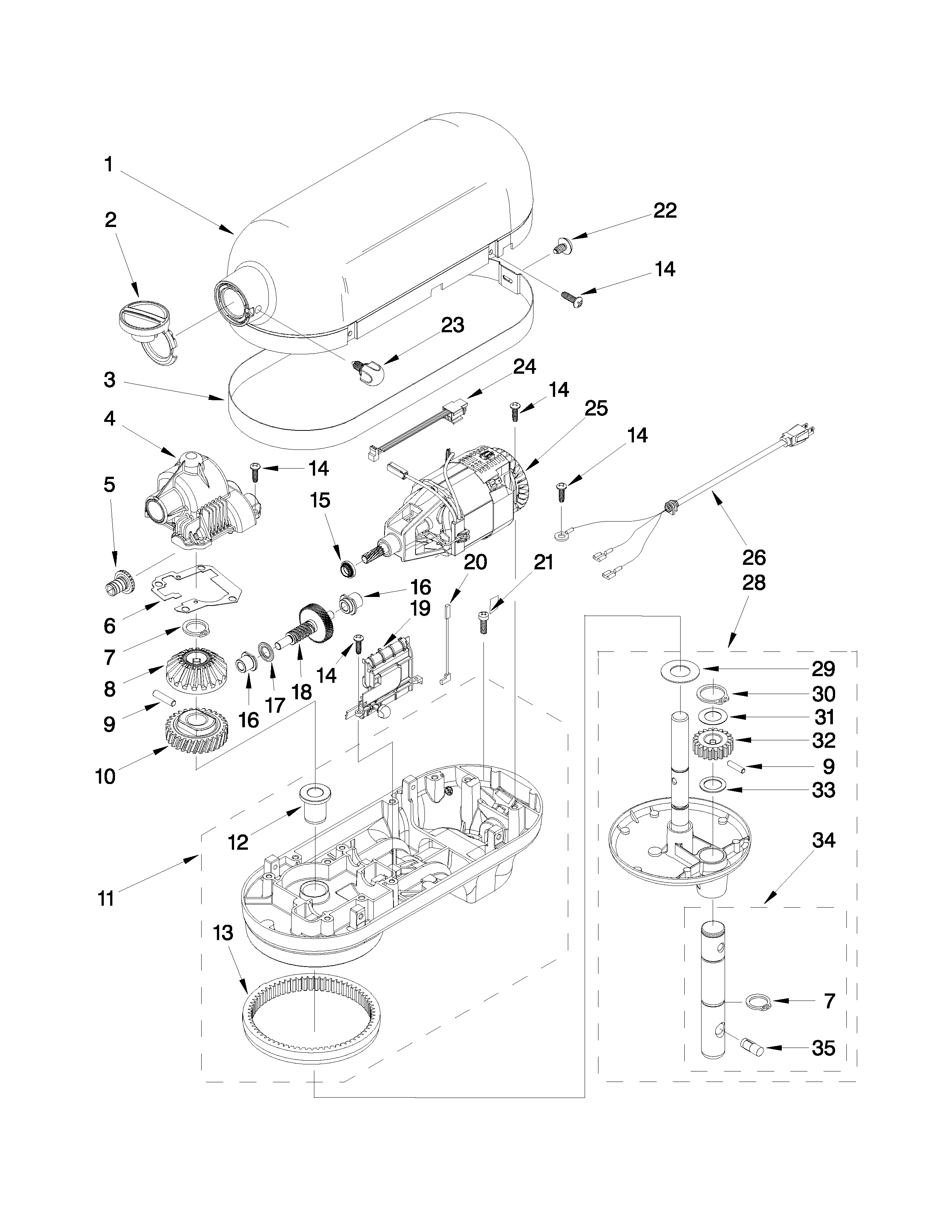 KitchenAid 4KV25H0XER5 case, gearing and planetary parts diagram