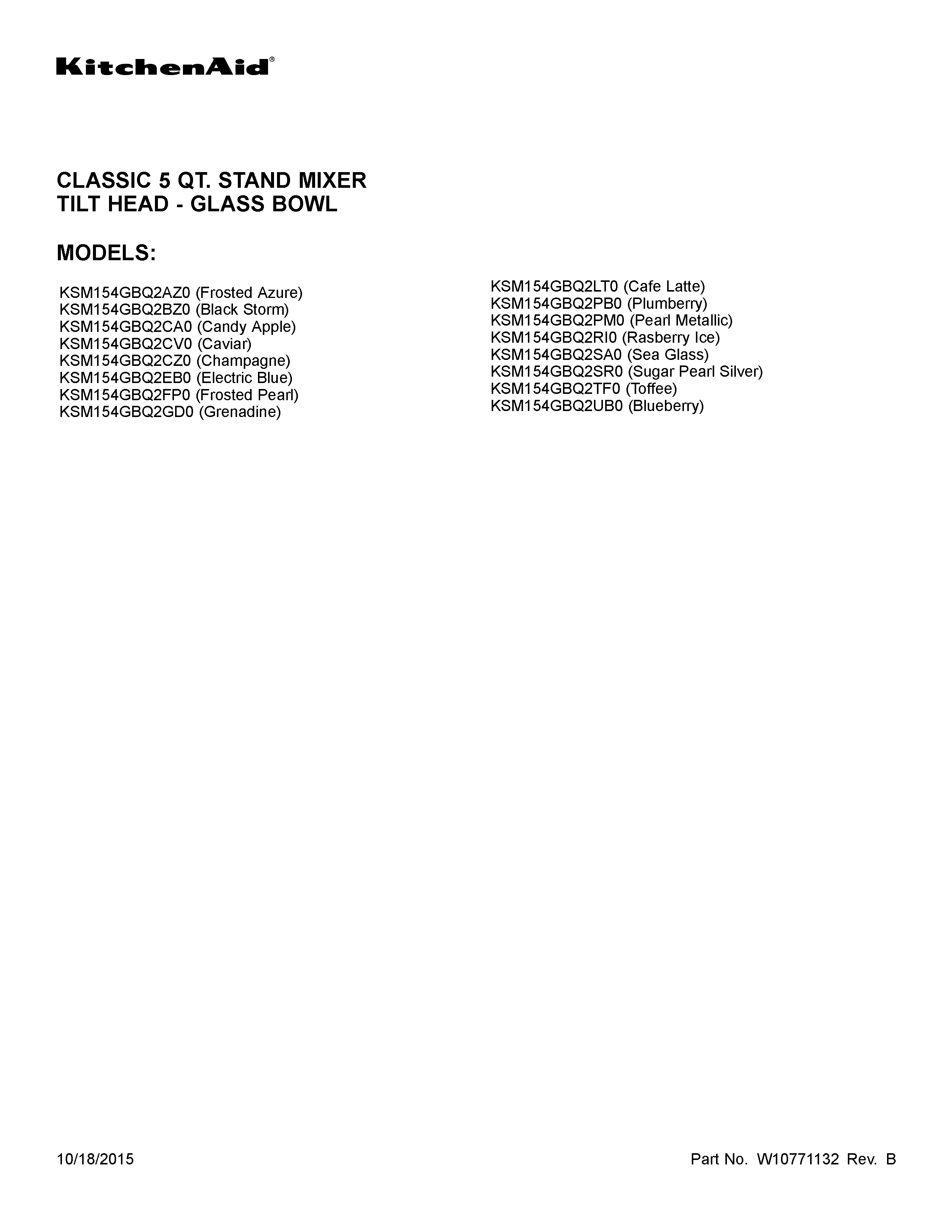 KitchenAid KSM154GBQ2SR0 cover sheet diagram
