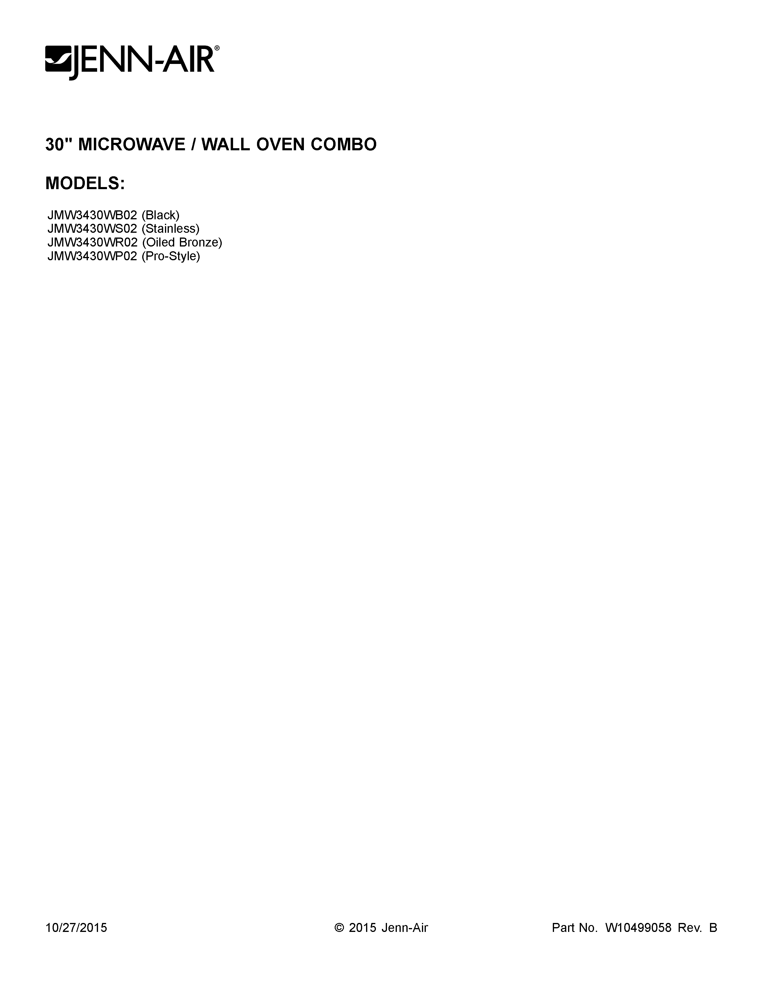 Jenn-Air JMW3430WR02 cover sheet diagram