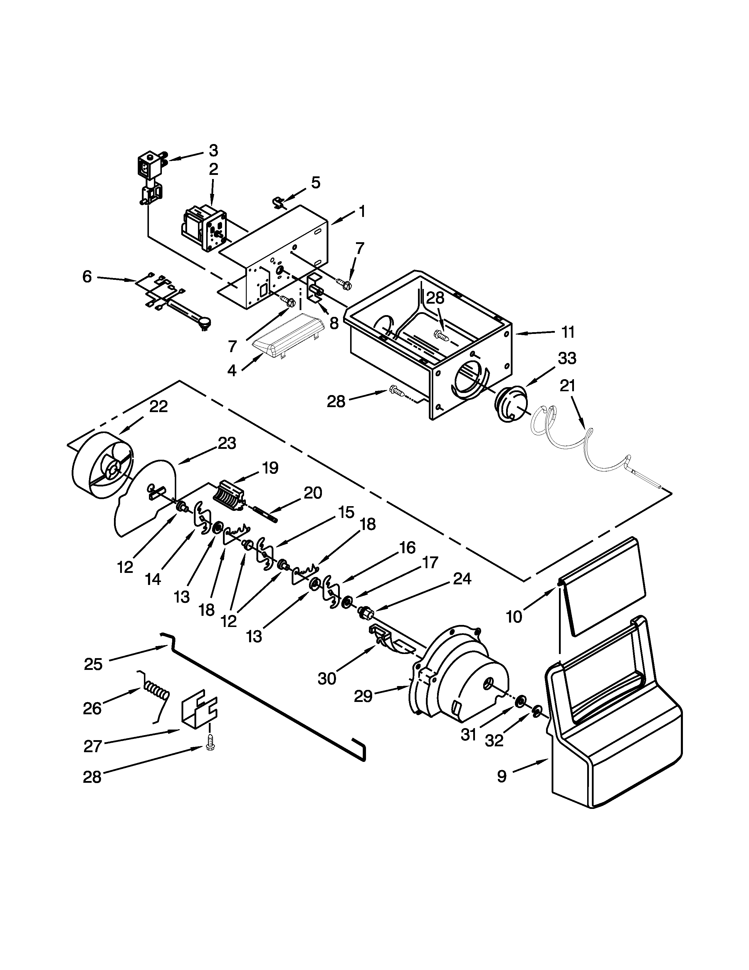 Maytag MSF25D4MDE03 motor and ice container parts diagram