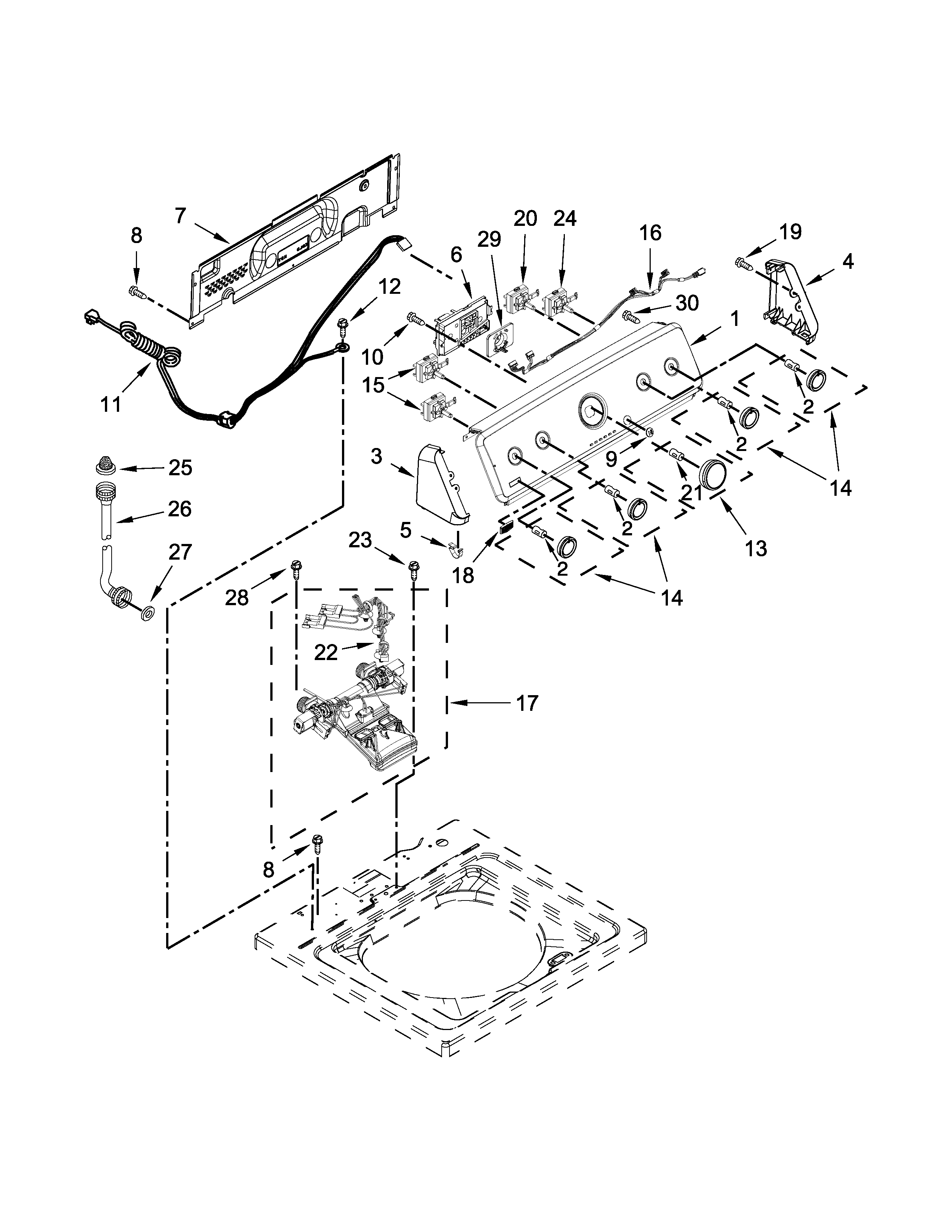Maytag 7MMVWC200DW1 controls and water inlet parts diagram