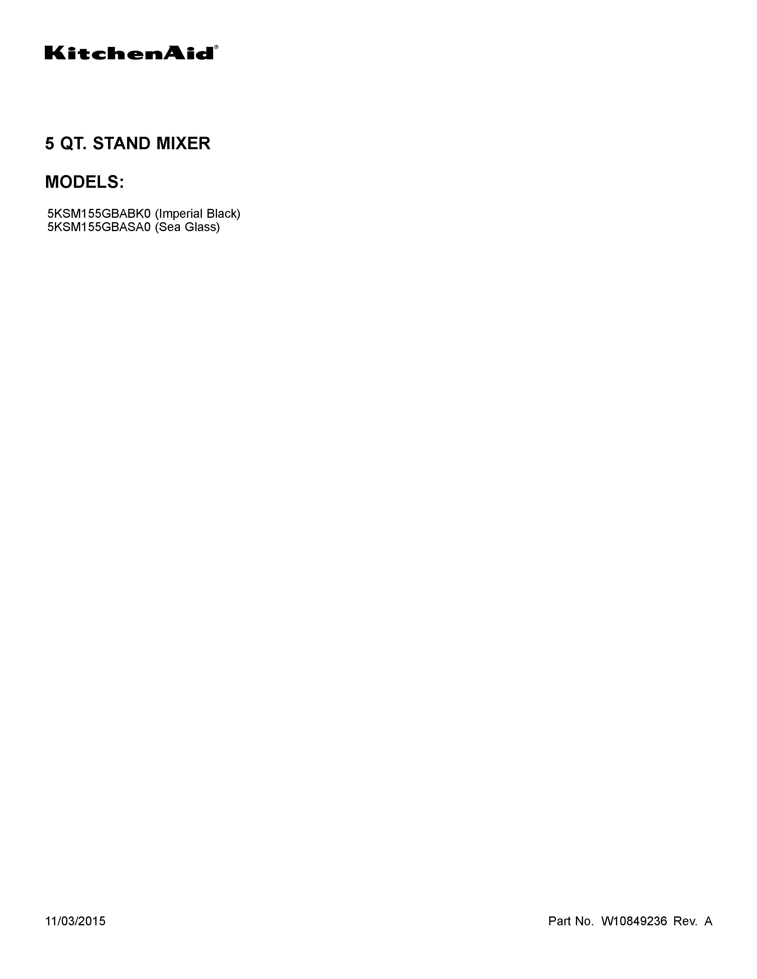 KitchenAid 5KSM155GBASA0 cover sheet diagram