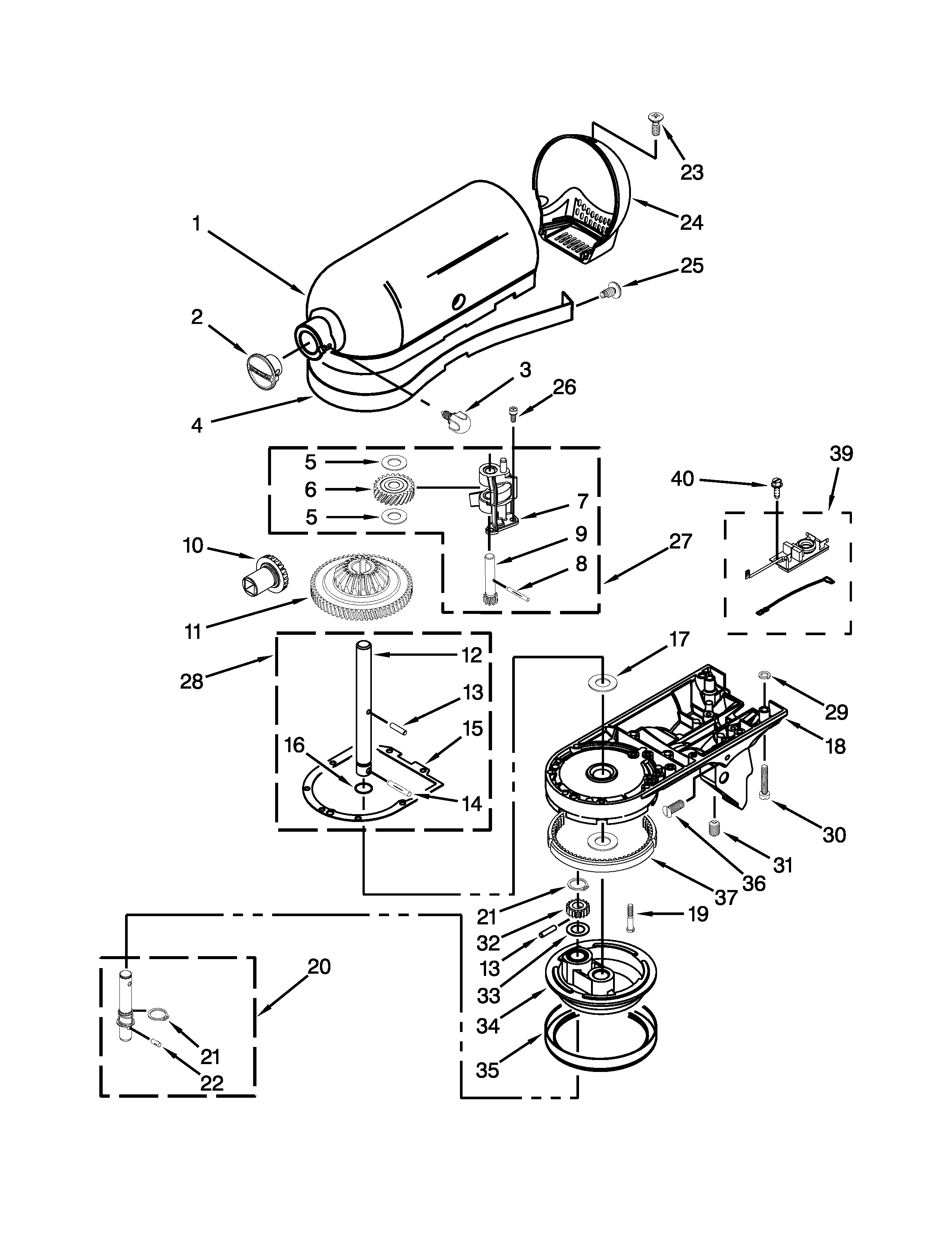 KitchenAid 5KSM155GBASA0 case, gearing and planetary unit parts diagram