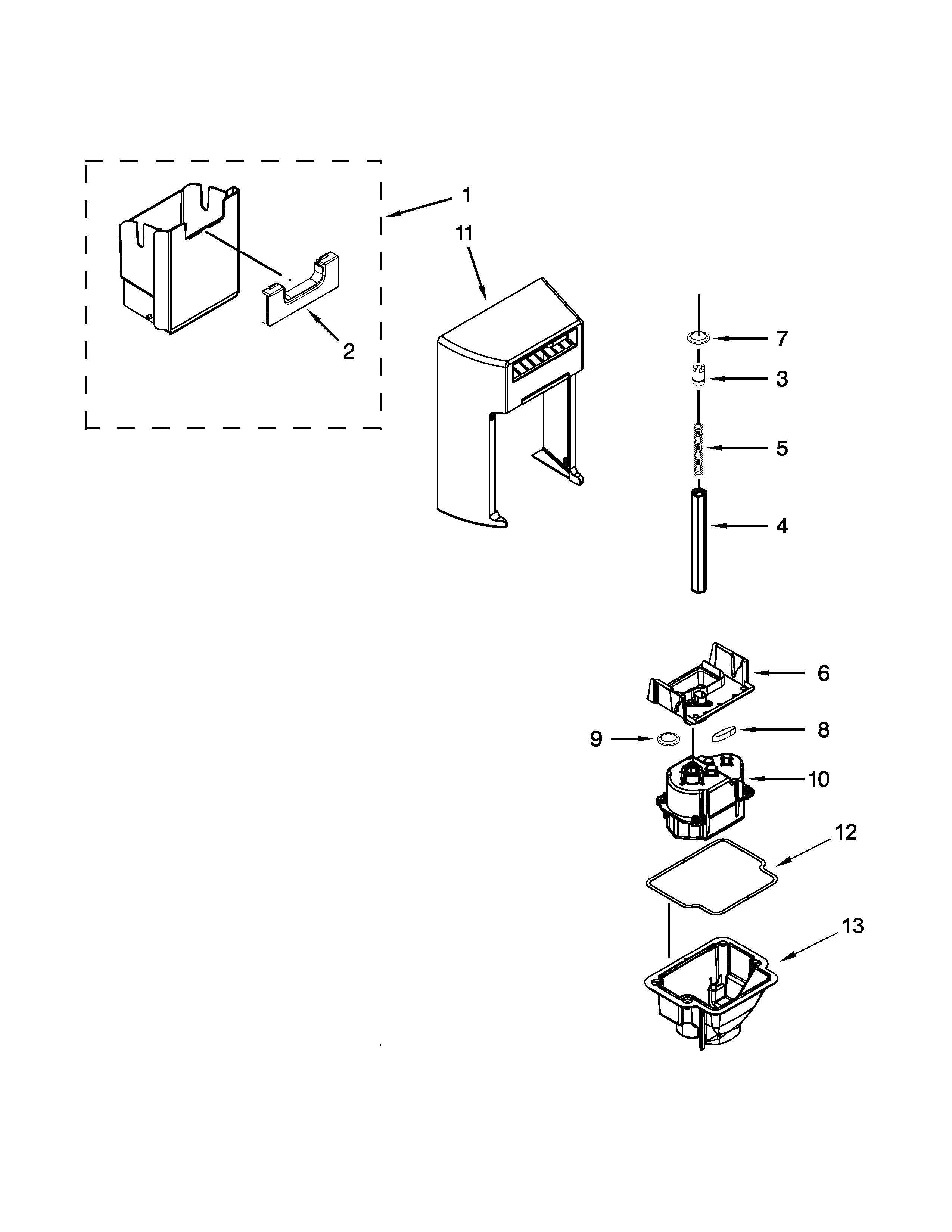 Whirlpool WRS571CIDW00 motor and ice container parts diagram