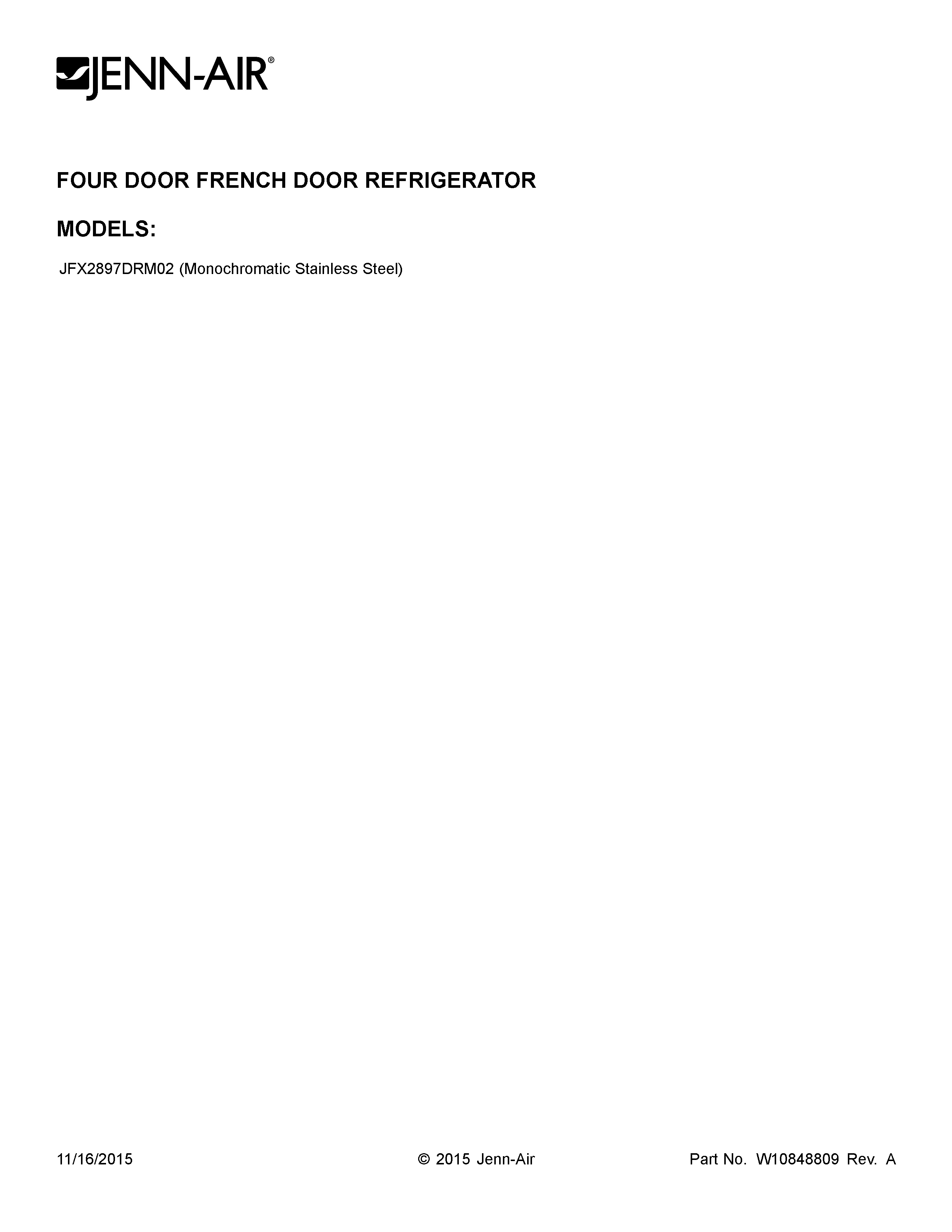Jenn-Air JFX2897DRM02 cover sheet diagram