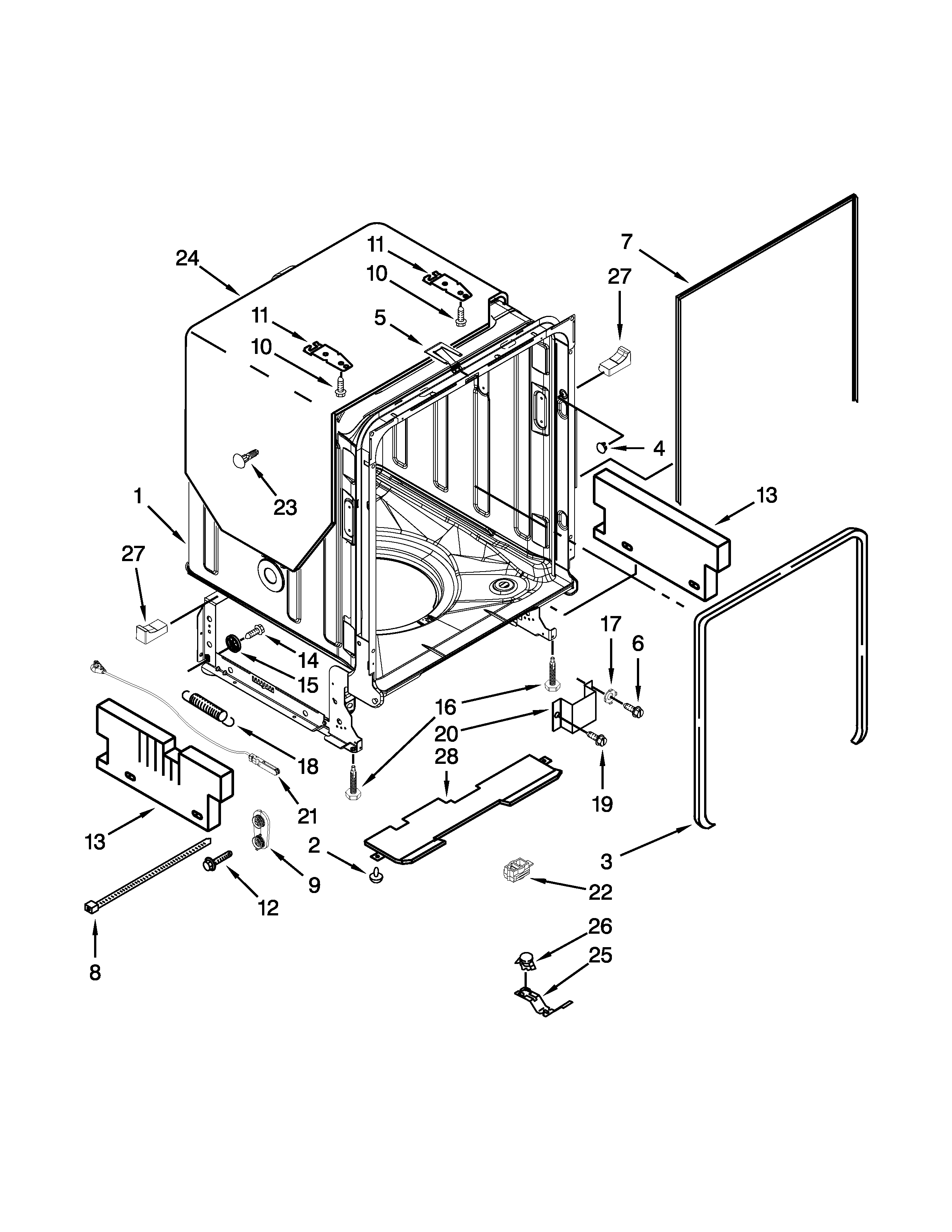 KitchenAid KUDE60HXSS2 tub and frame parts diagram
