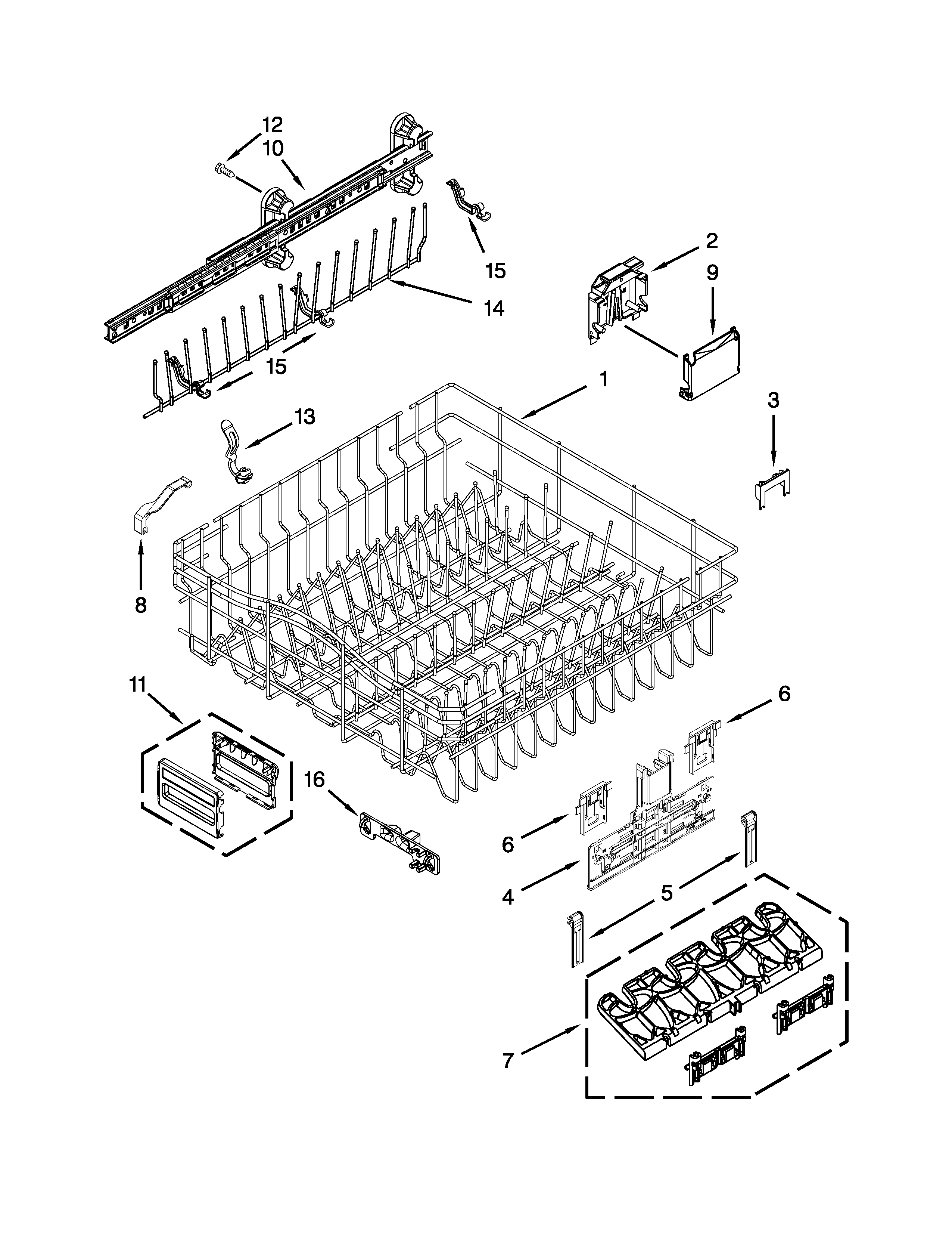 KitchenAid KUDE60HXSS2 upper rack and track parts diagram