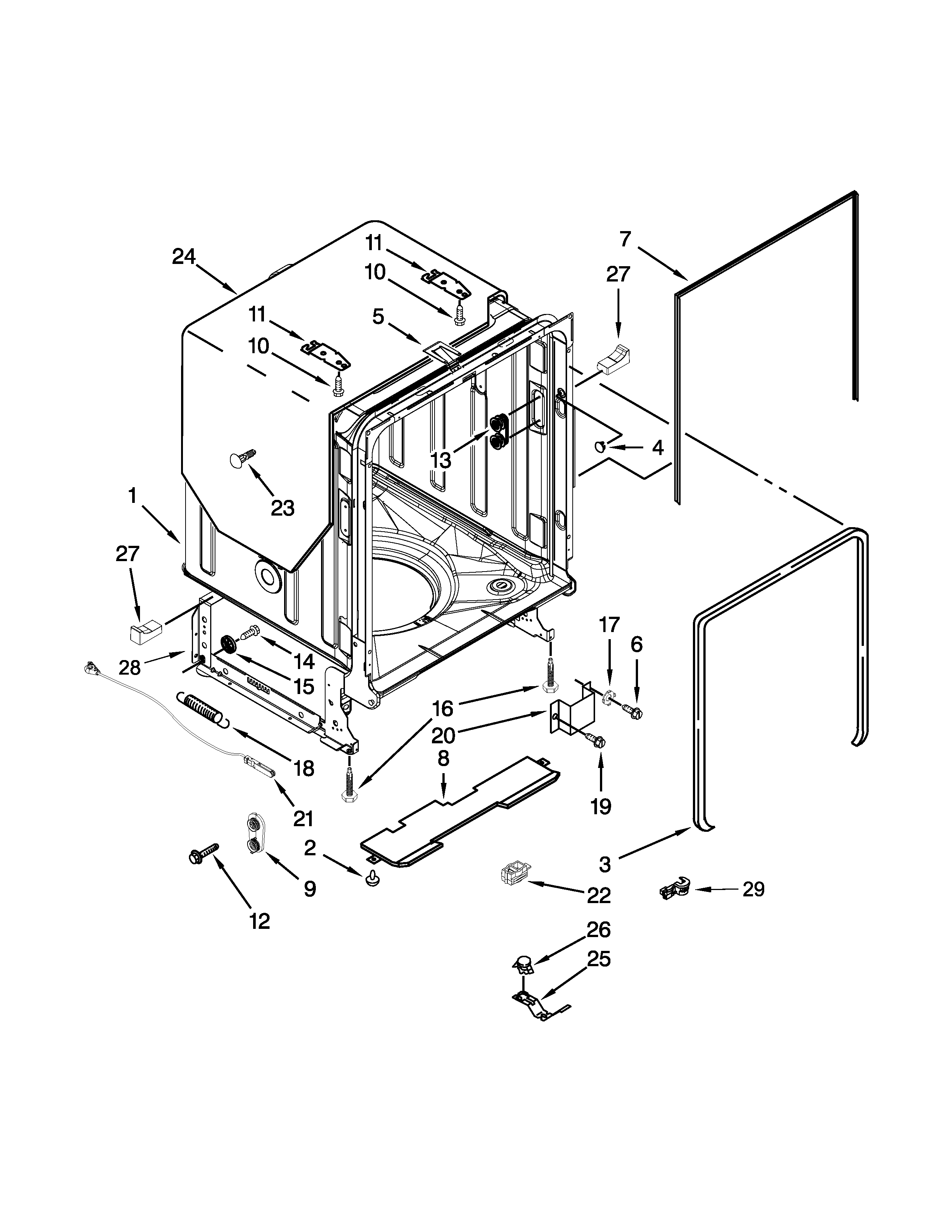 KitchenAid KUDE60HXSS5 tub and frame parts diagram