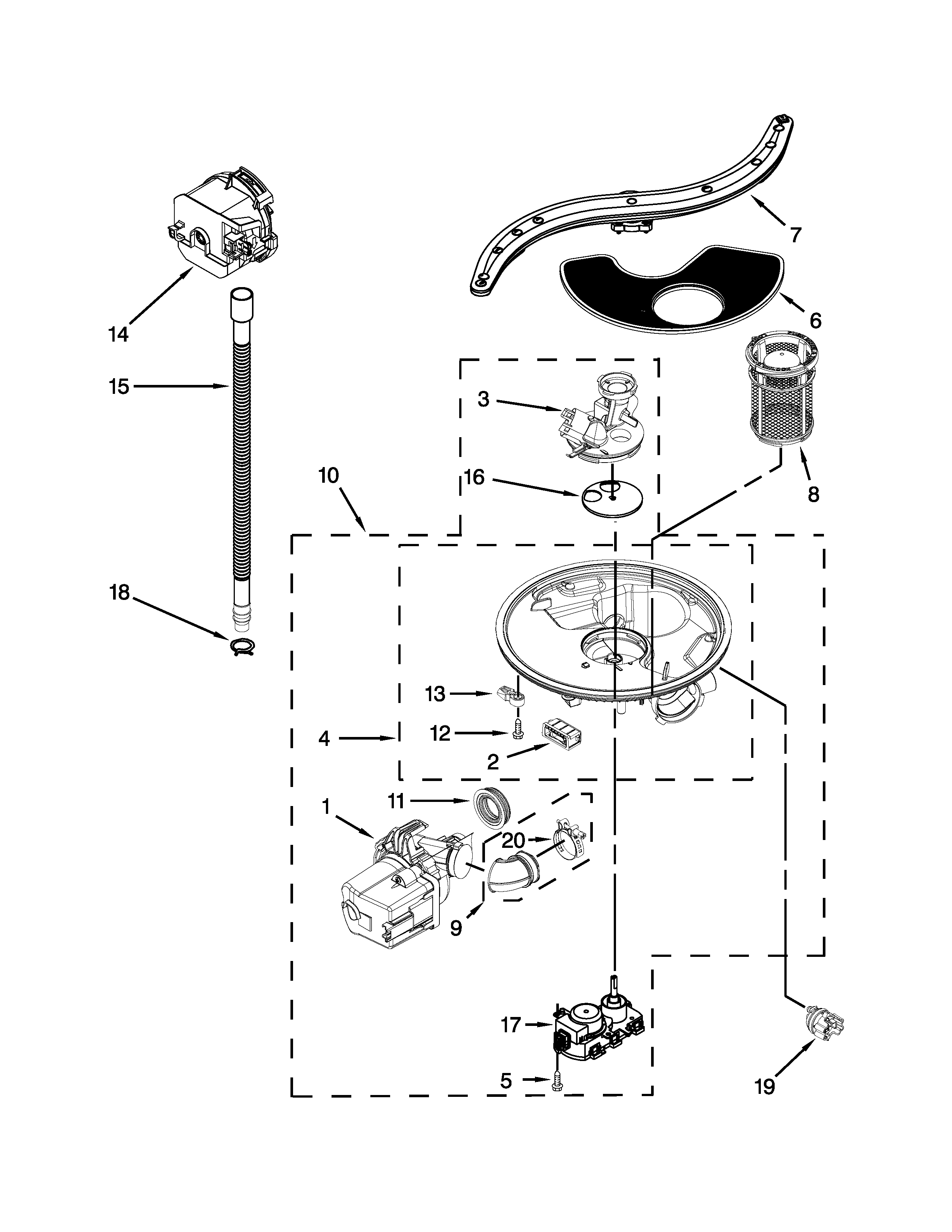 KitchenAid KUDE60HXSS5 pump, washarm and motor parts diagram