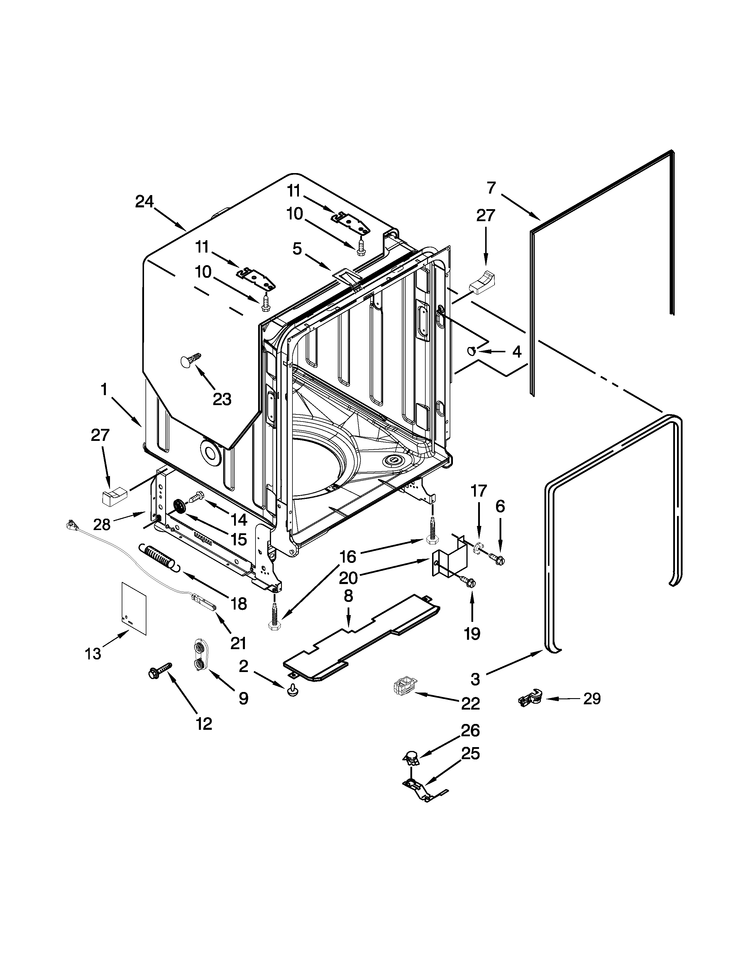 KitchenAid KUDE60HXSS6 tub and frame parts diagram