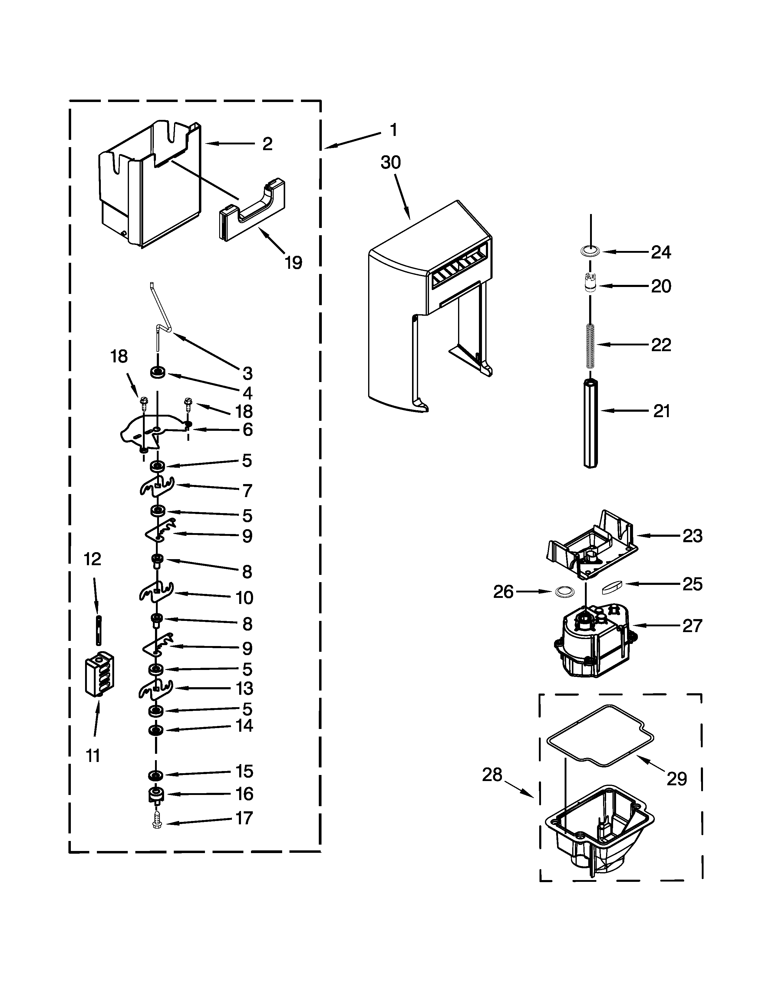 Whirlpool GSS26C4XXY00 motor and ice container parts diagram