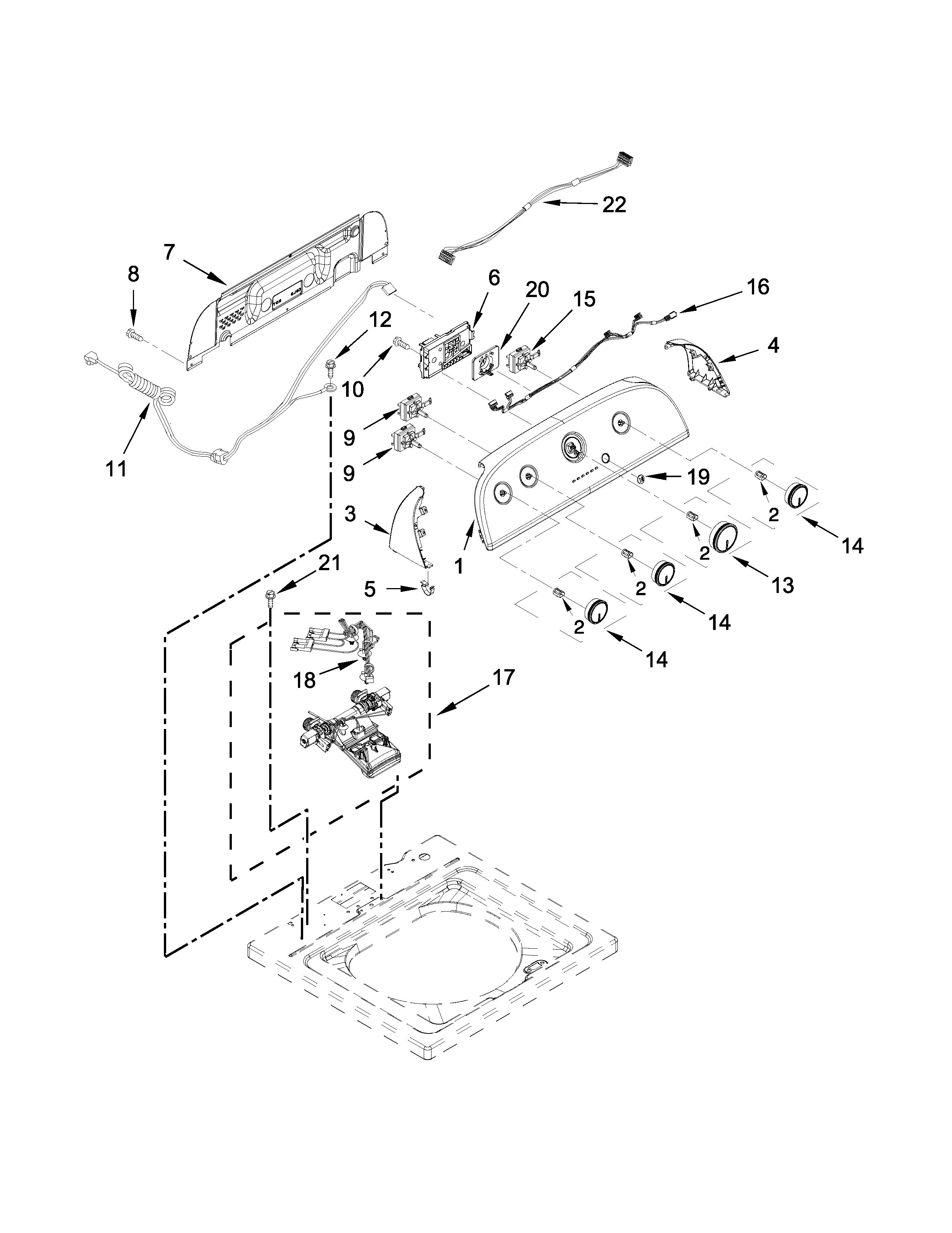 Whirlpool 7MWTW1805EM0 controls and water inlet parts diagram