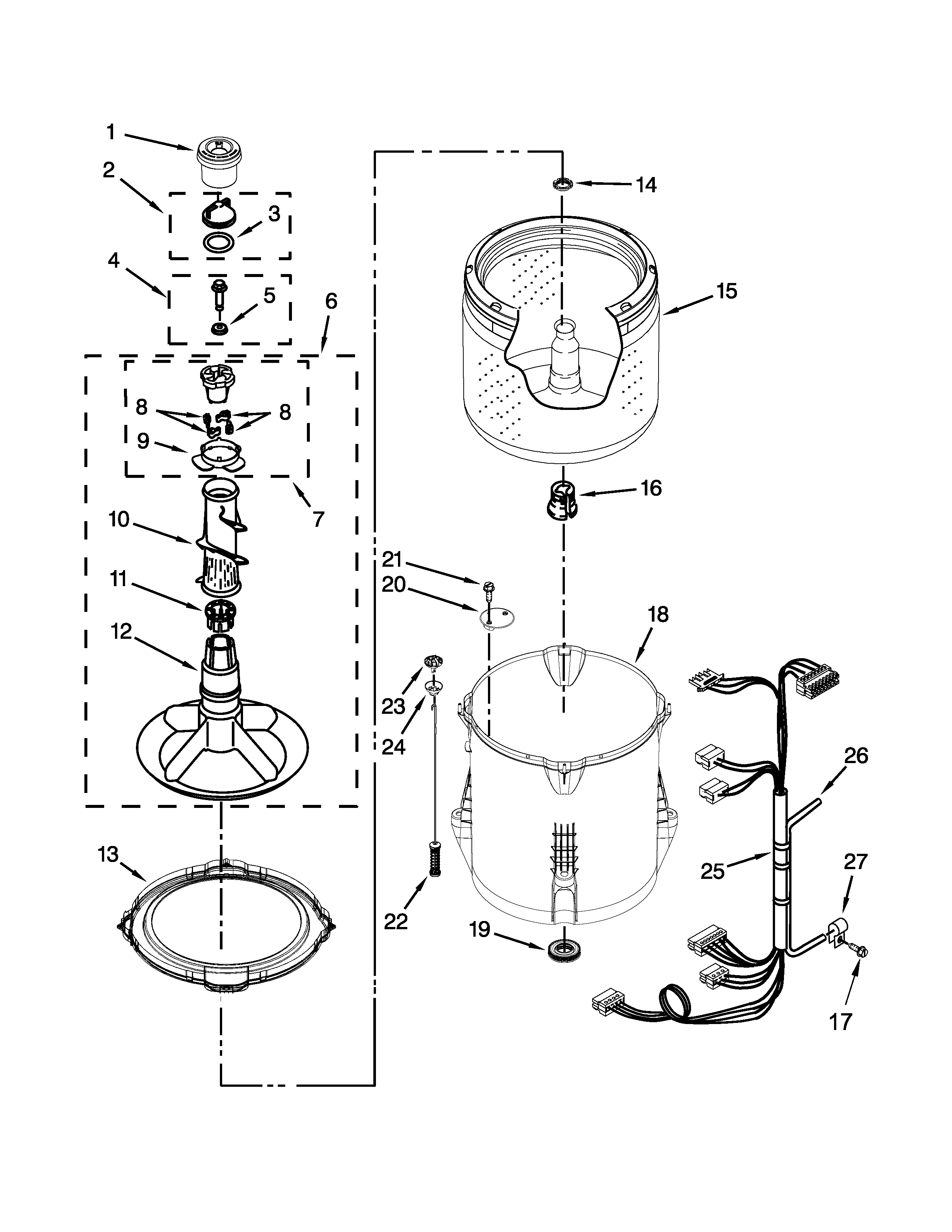 Whirlpool 7MWTW1805EM0 basket and tub parts diagram