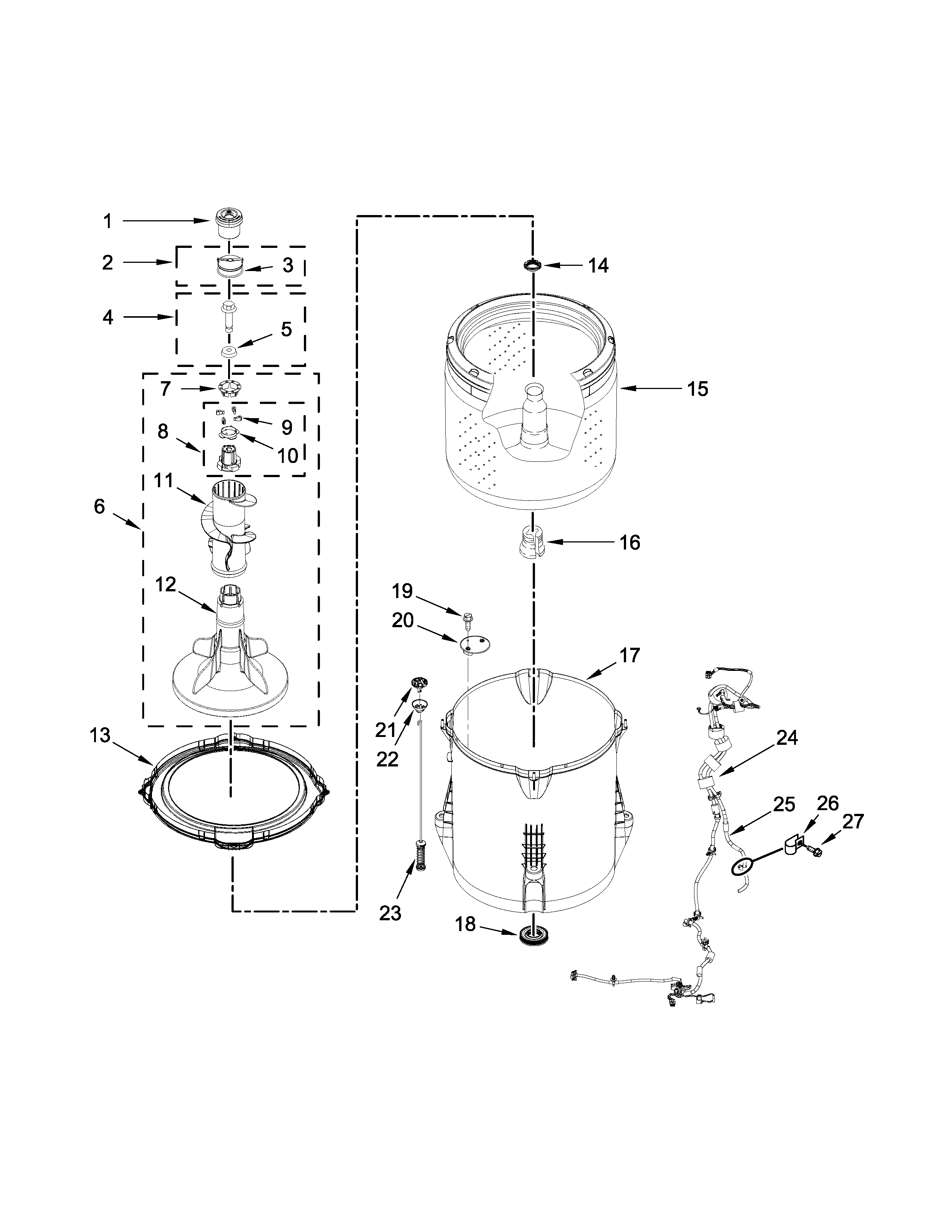 Whirlpool 2DWTW4845EW0 basket and tub parts diagram