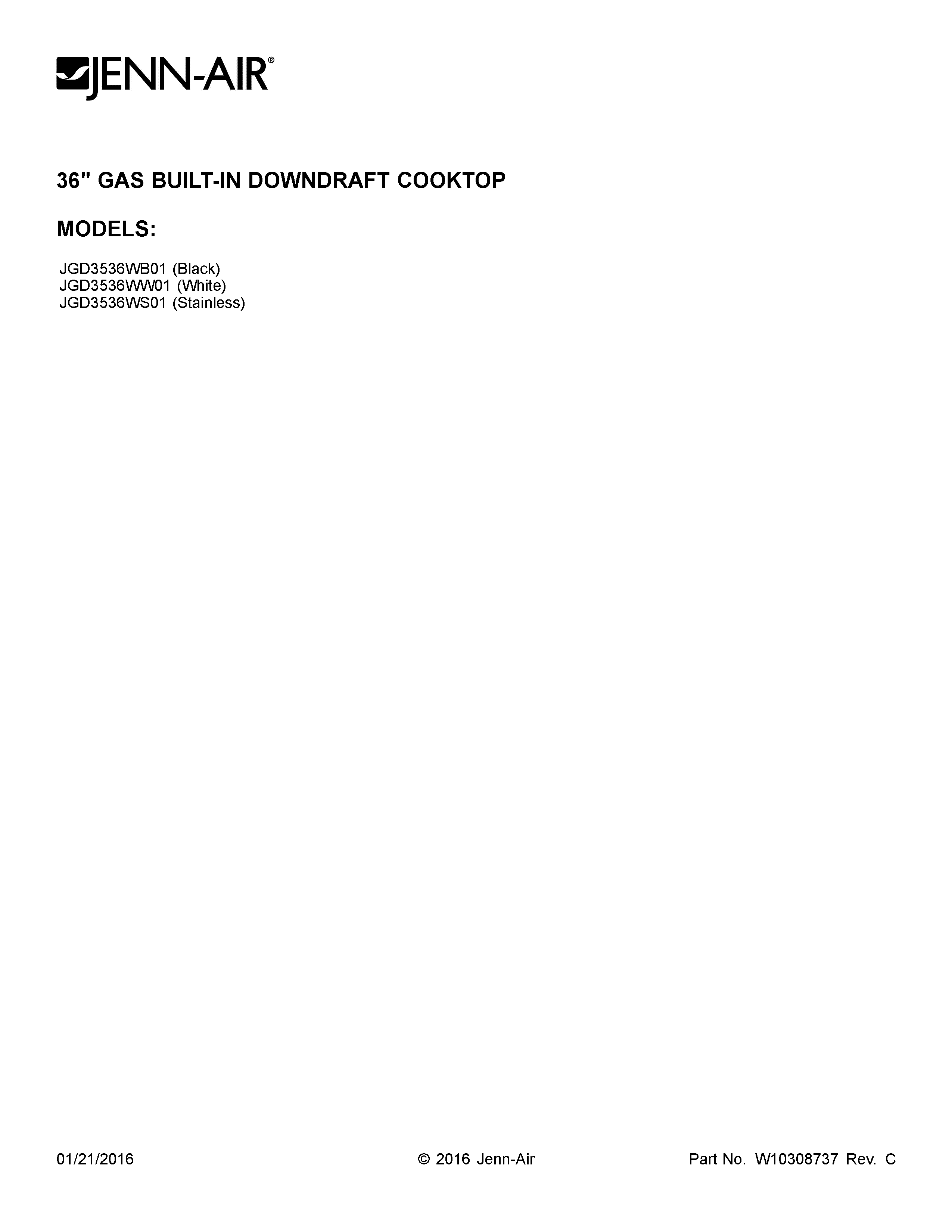 Jenn-Air JGD3536WW01 cover sheet diagram