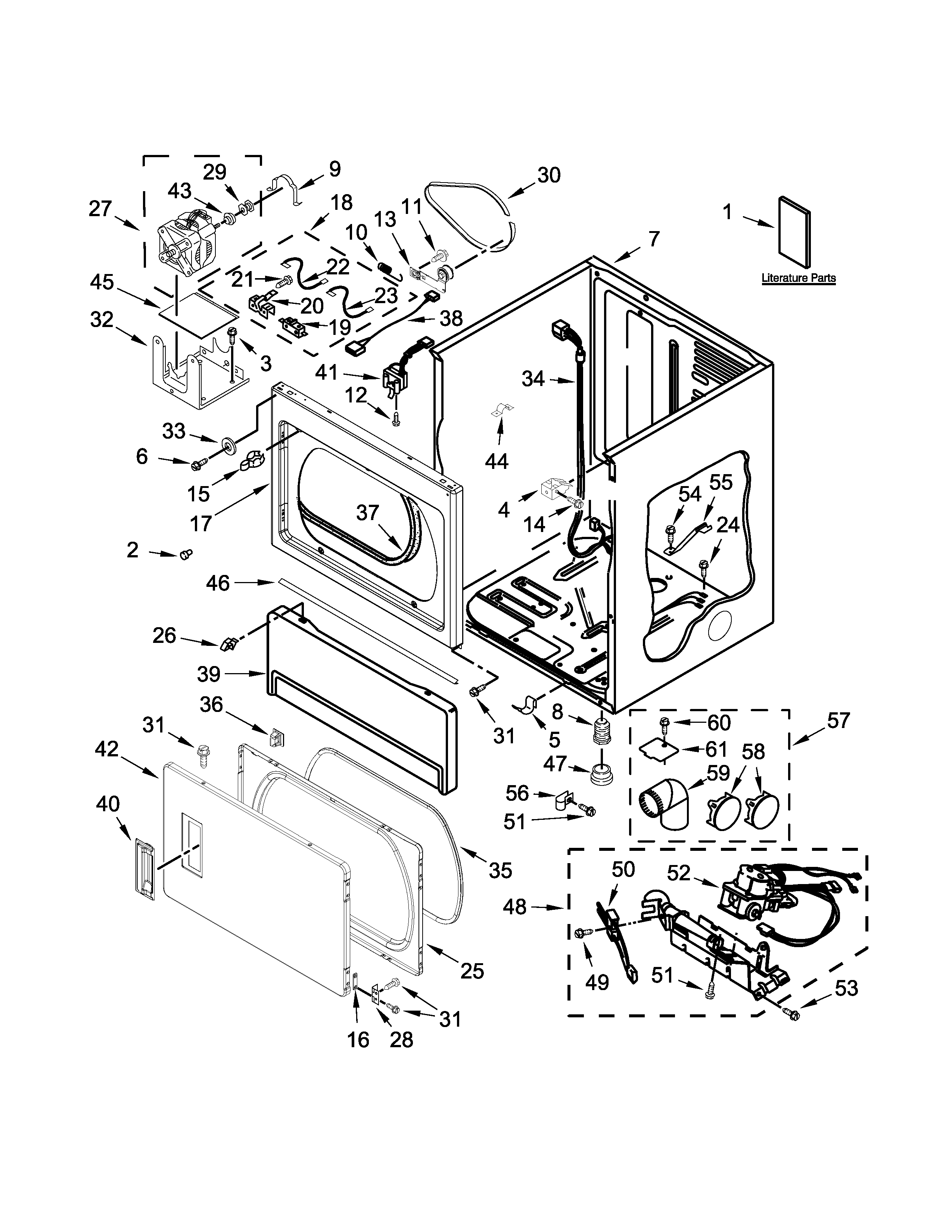 Maytag MLG26PDBWW1 lower cabinet and front panel parts diagram
