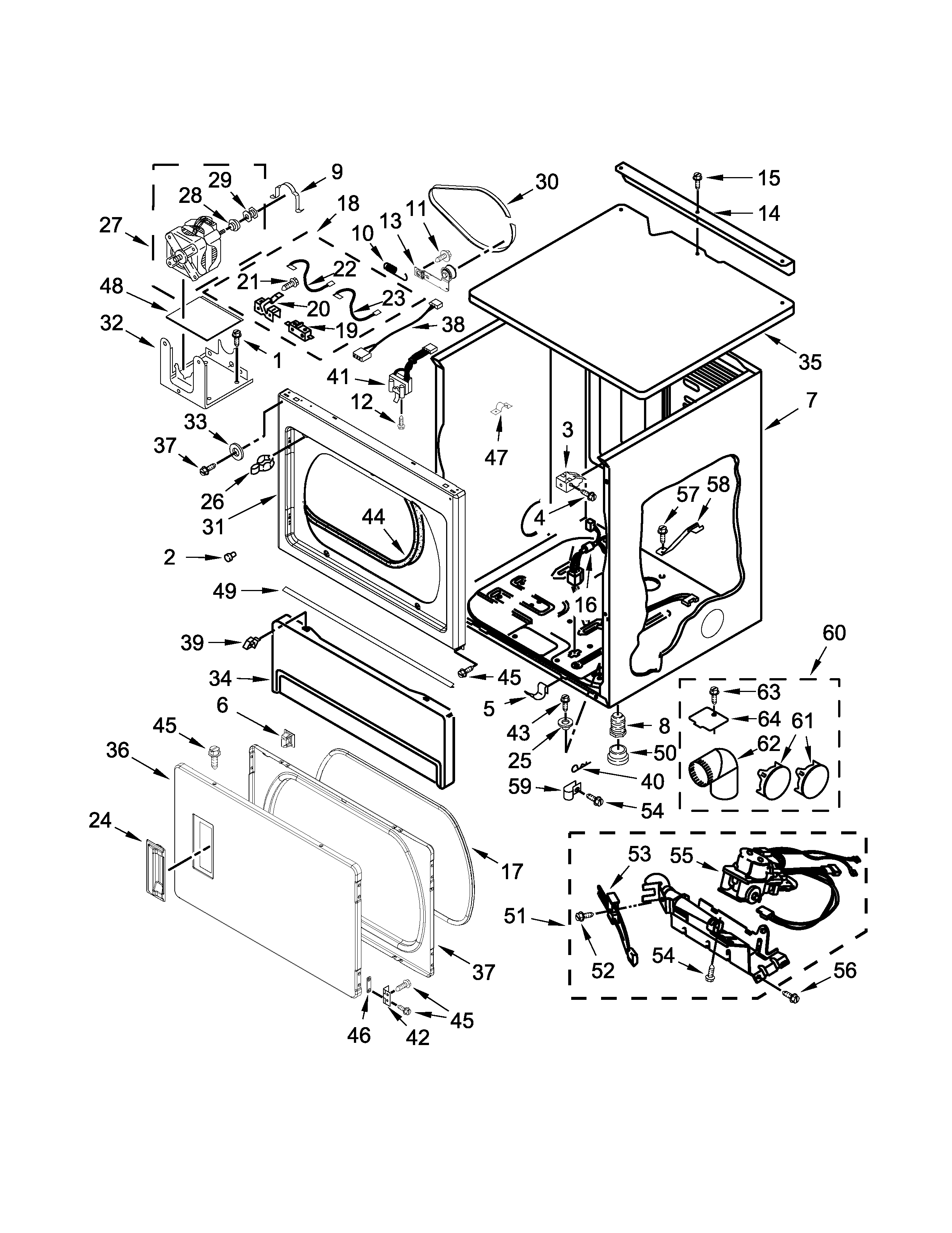 Maytag MLG26PDBXW1 upper cabinet and front panel parts diagram