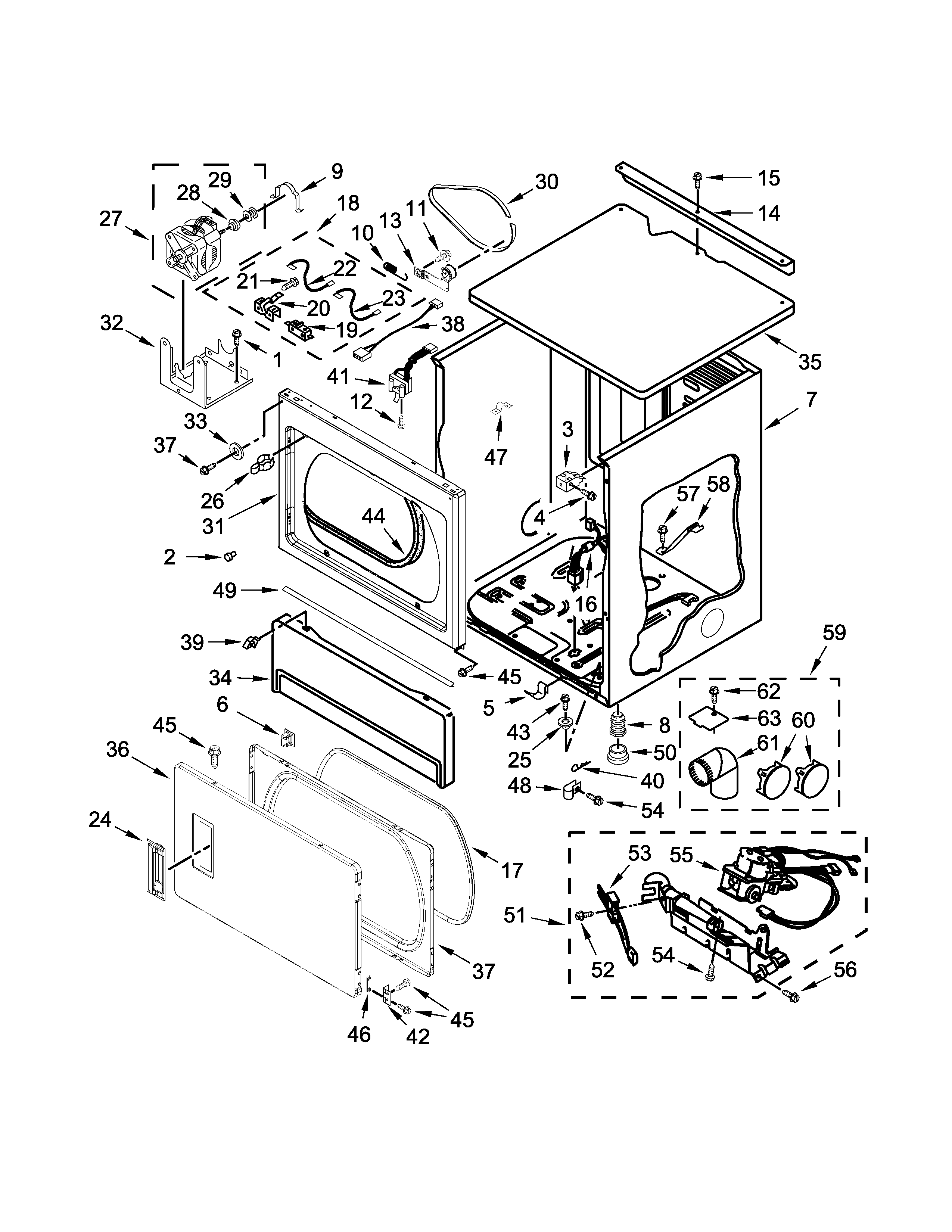 Maytag MLG26PRBWW1 upper cabinet and front panel parts diagram