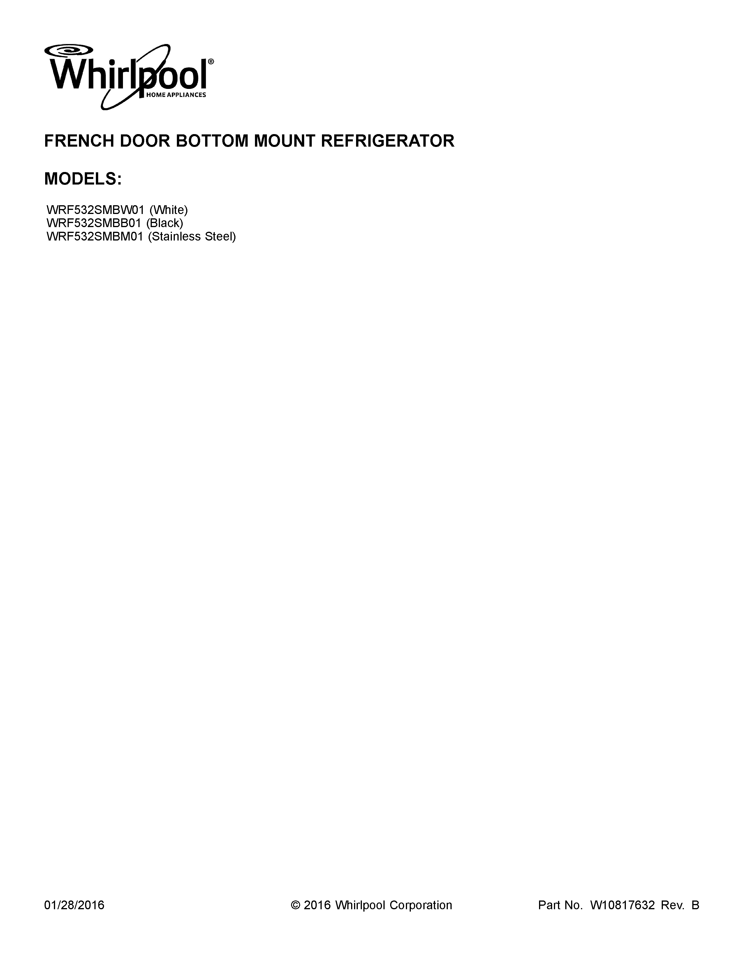 Whirlpool WRF532SMBW01 cover sheet diagram