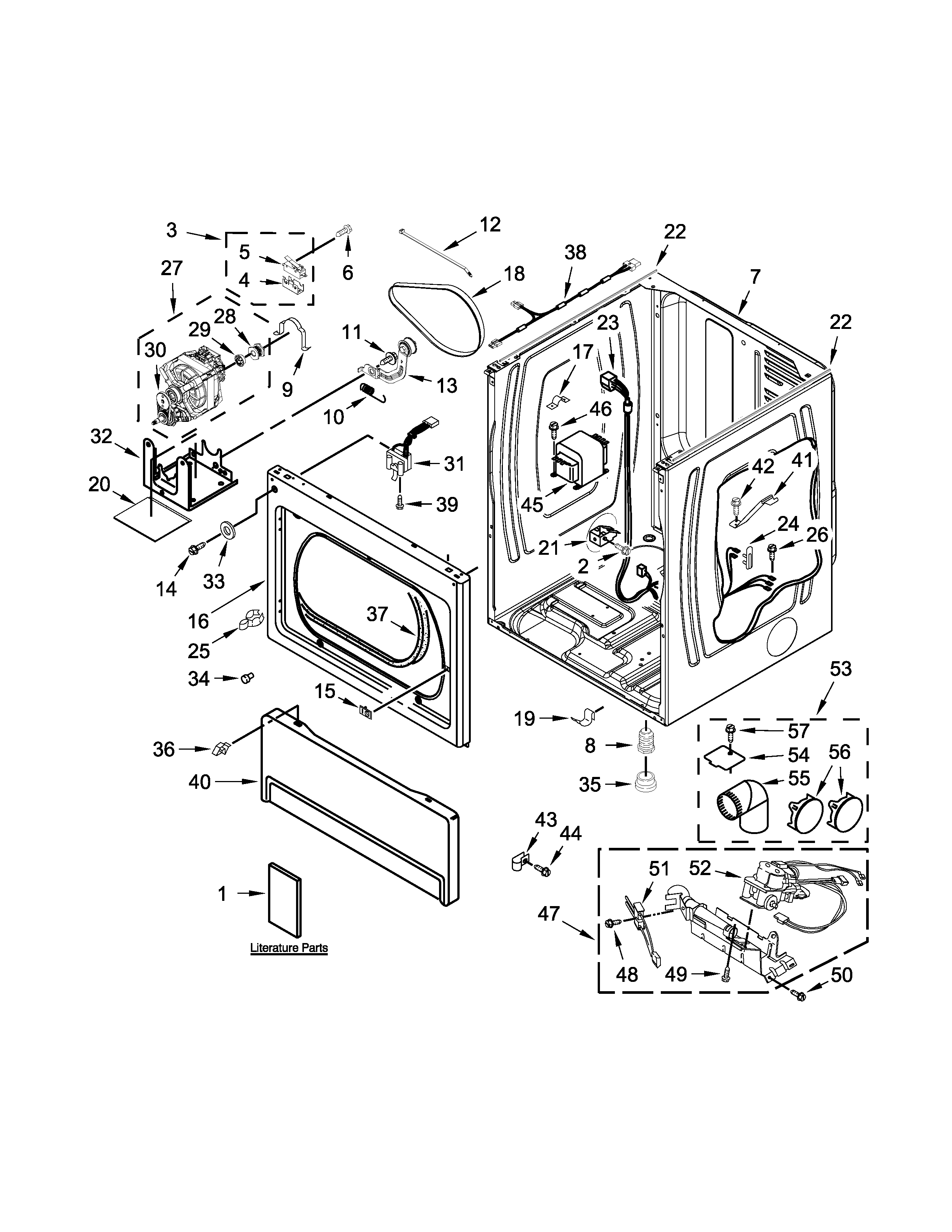 Maytag MLG27PNBGW1 lower cabinet and front panel parts diagram