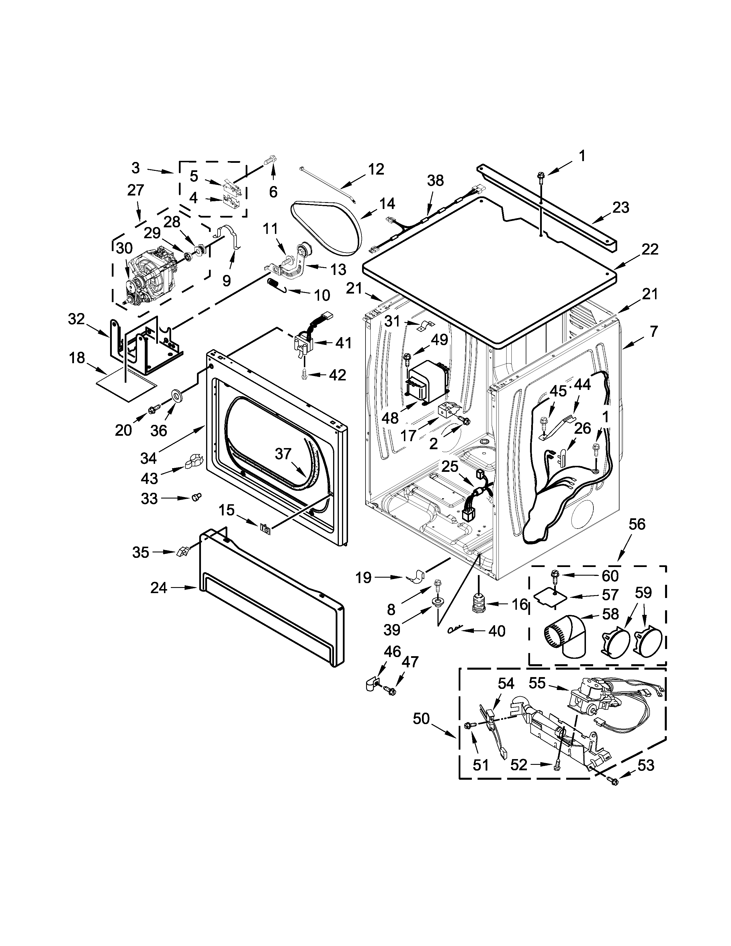 Maytag MLG27PNBGW1 upper cabinet and front panel parts diagram