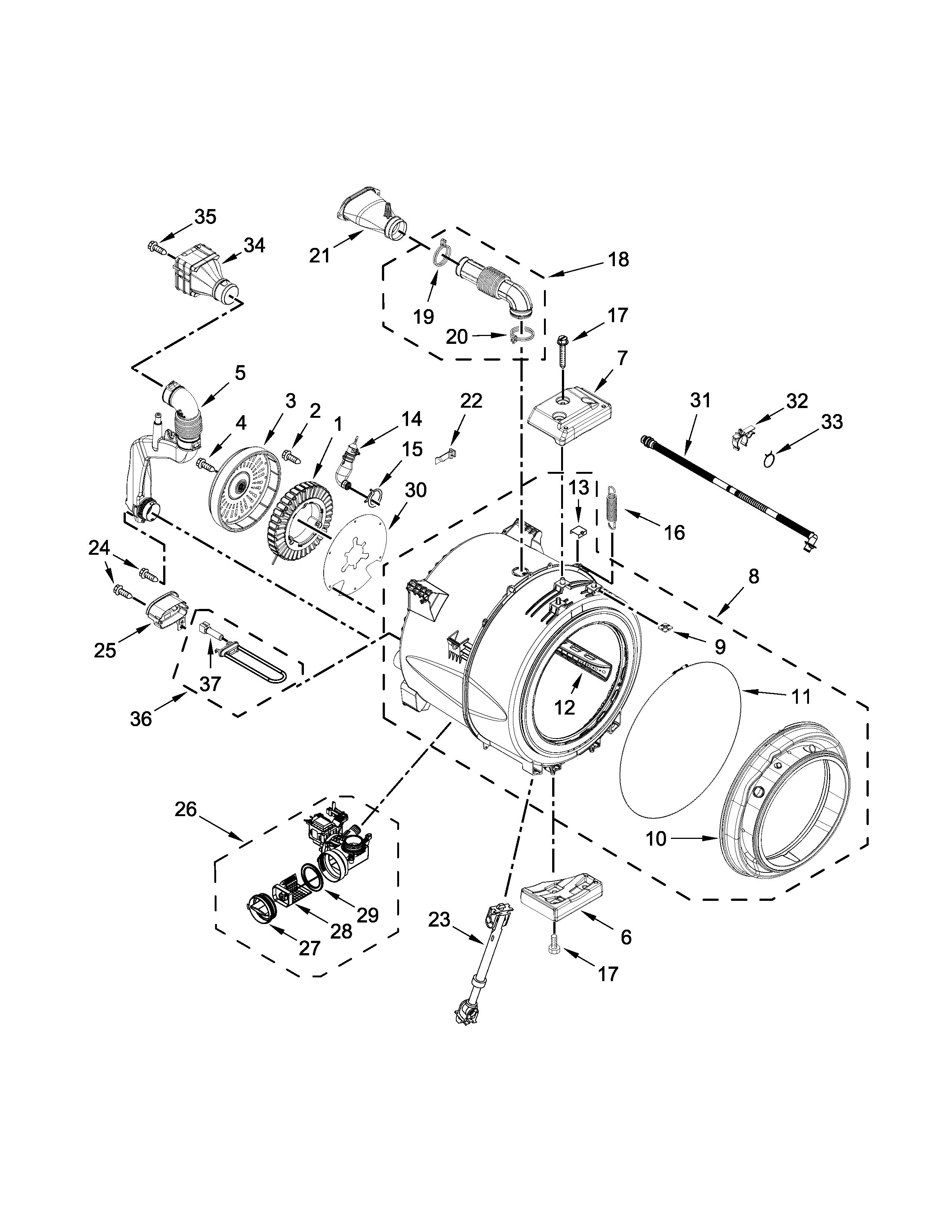 Maytag MHW3500FW0 tub and basket parts diagram