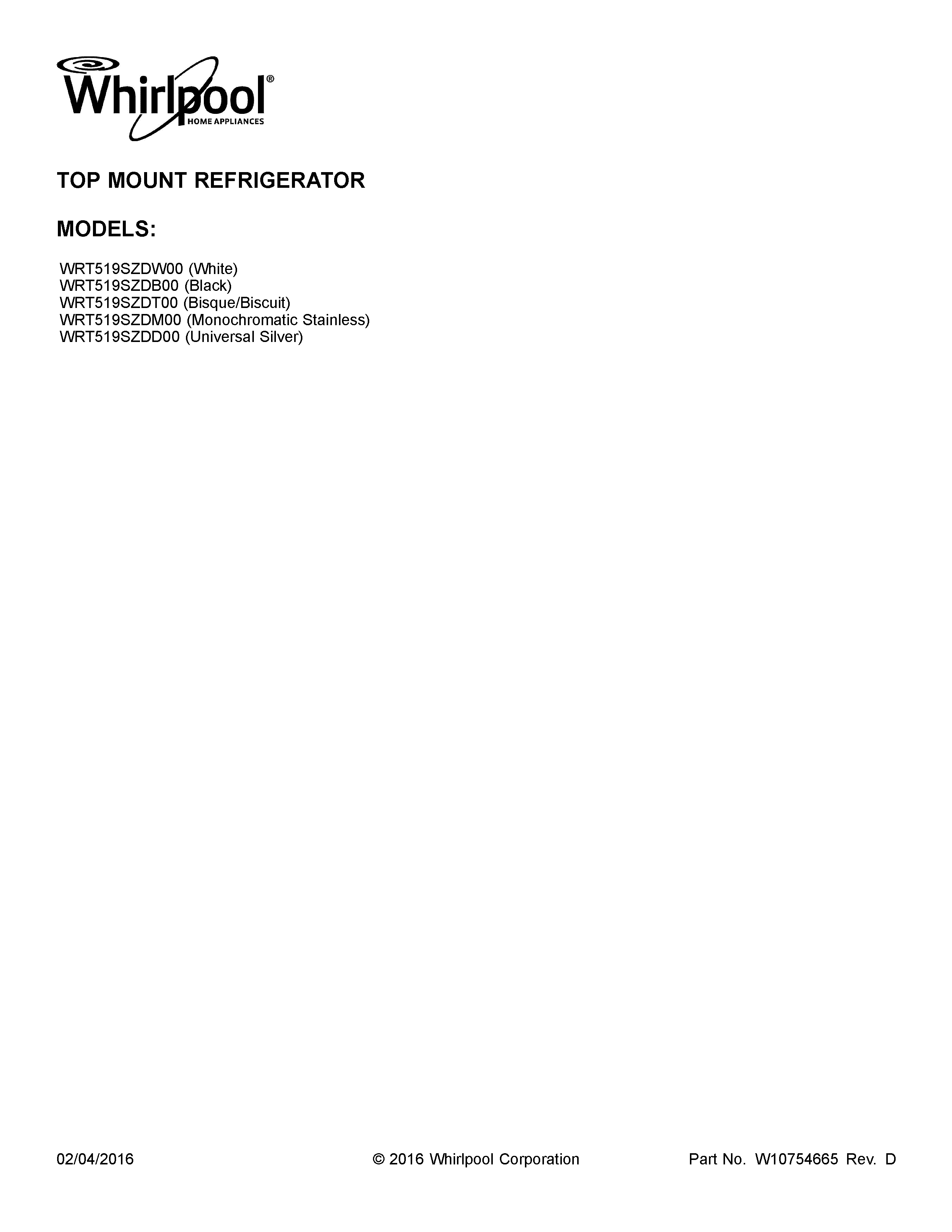 Whirlpool WRT519SZDB00 cover sheet diagram
