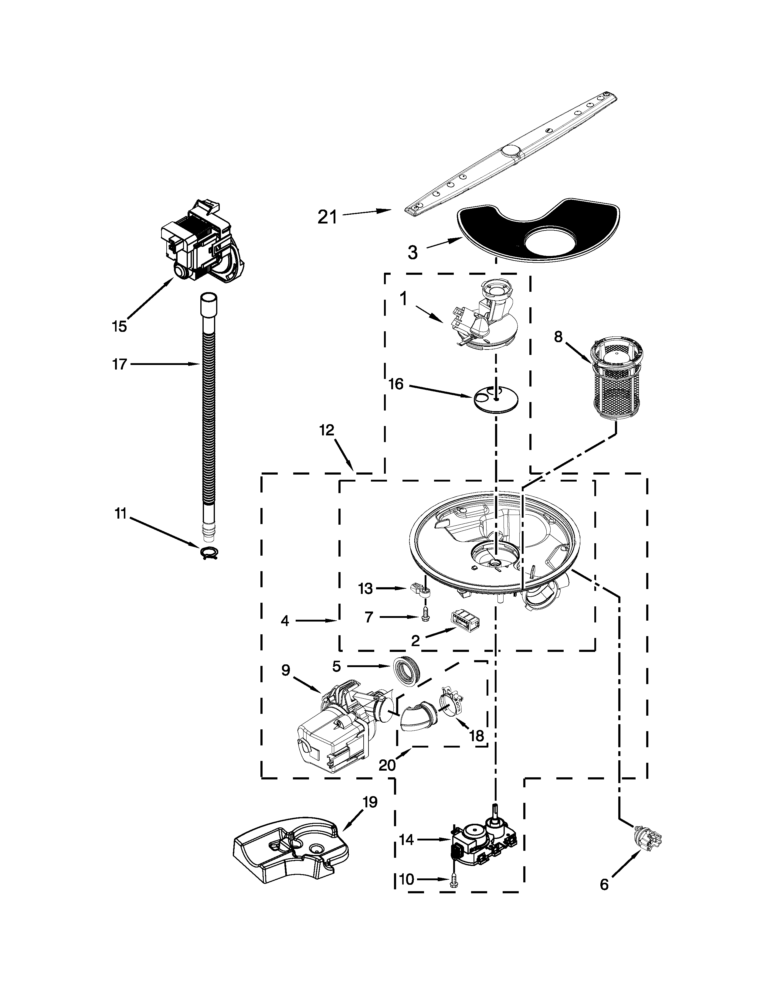 Whirlpool WDT780SAEM0 pump, washarm and motor parts diagram