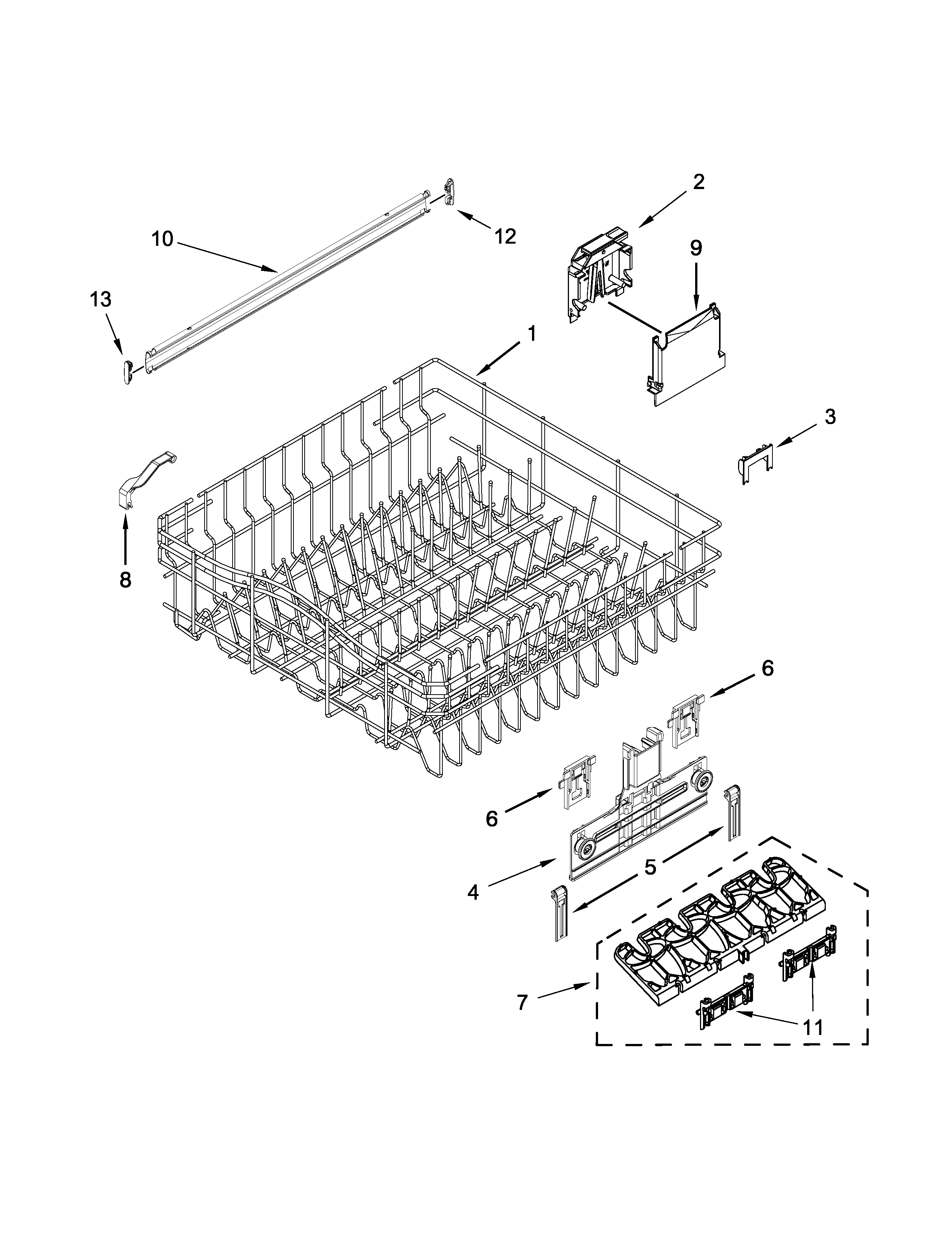 Whirlpool WDT780SAEM0 upper rack and track parts diagram