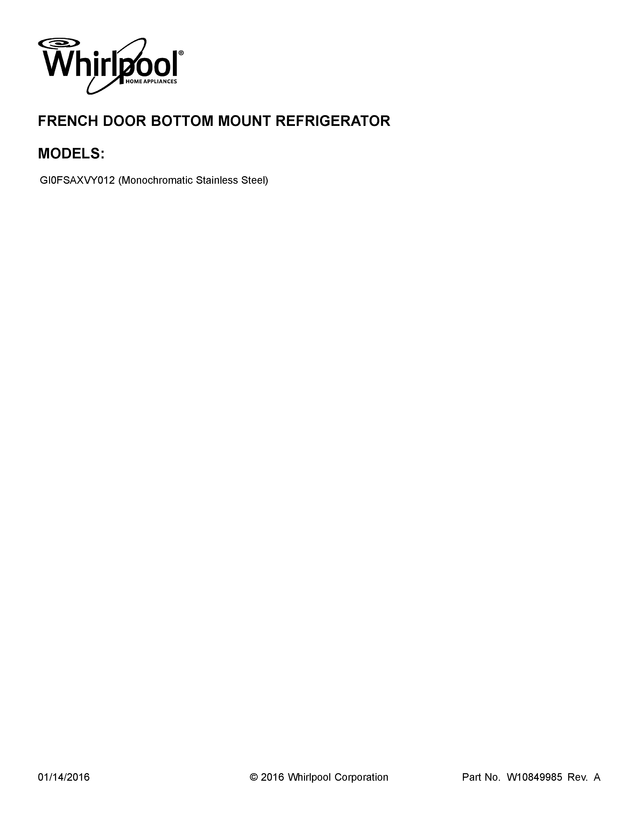 Whirlpool GI0FSAXVY012 cover sheet diagram