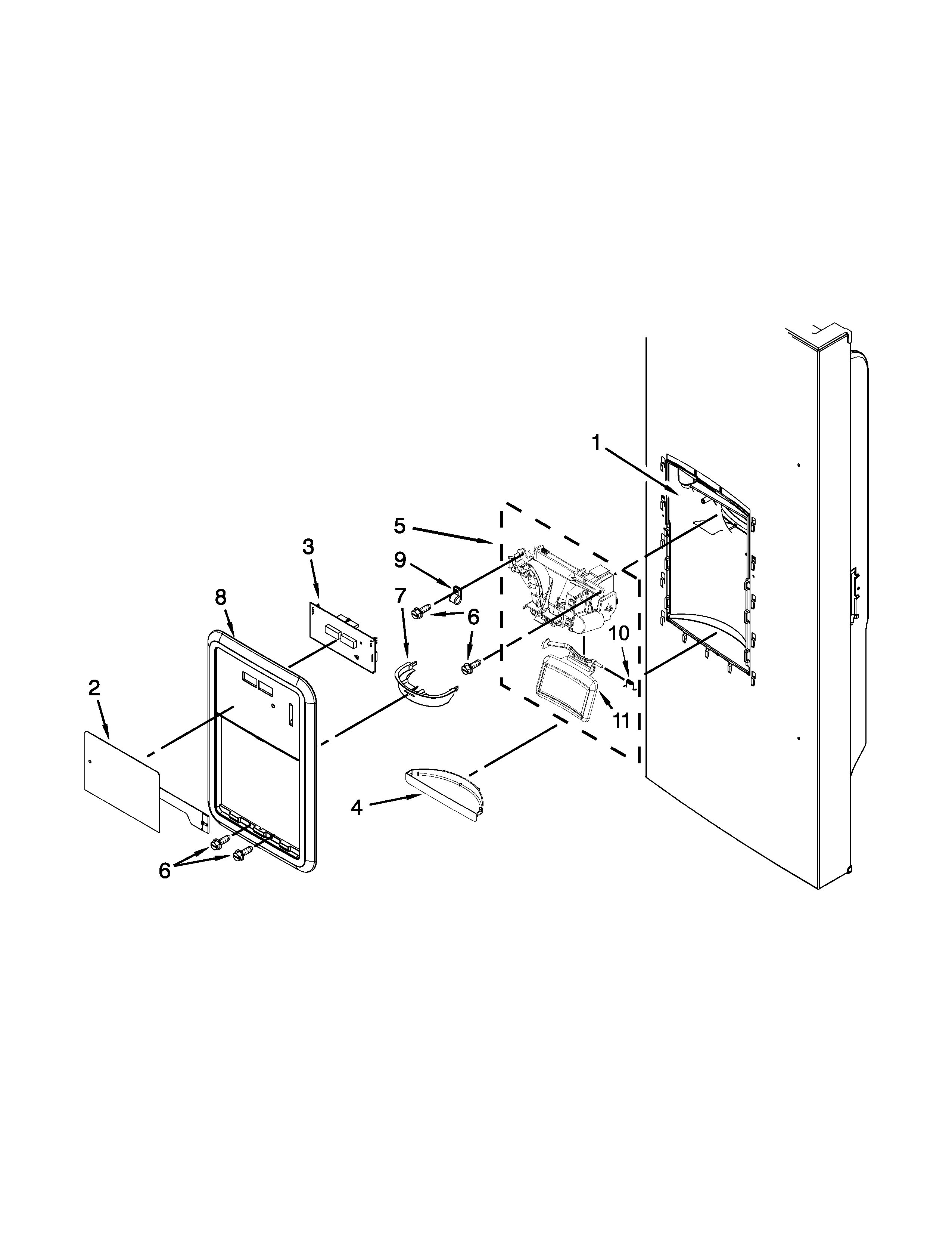 Whirlpool GI0FSAXVY012 dispenser front parts diagram