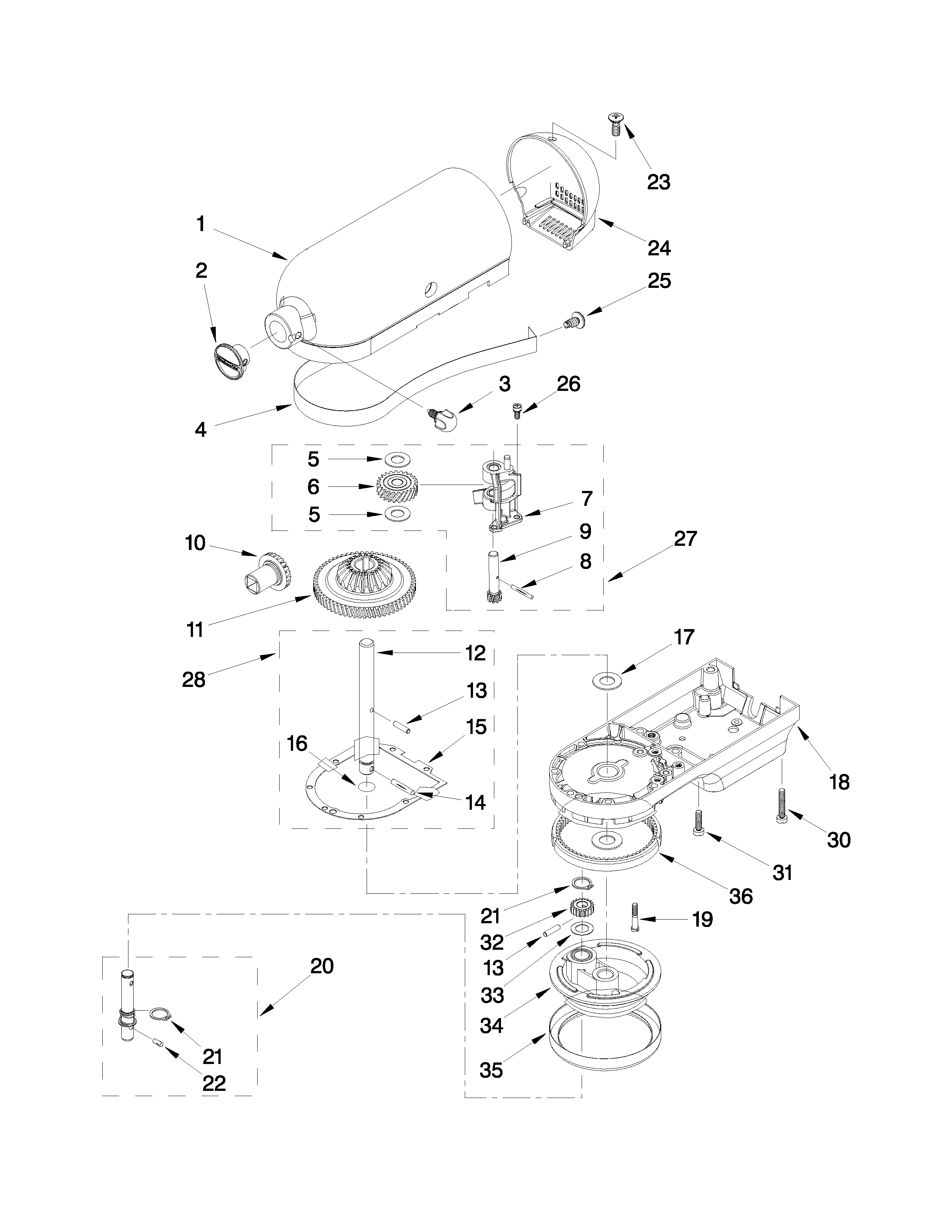 KitchenAid KSM500PSER0 case, gearing and planetary unit parts diagram