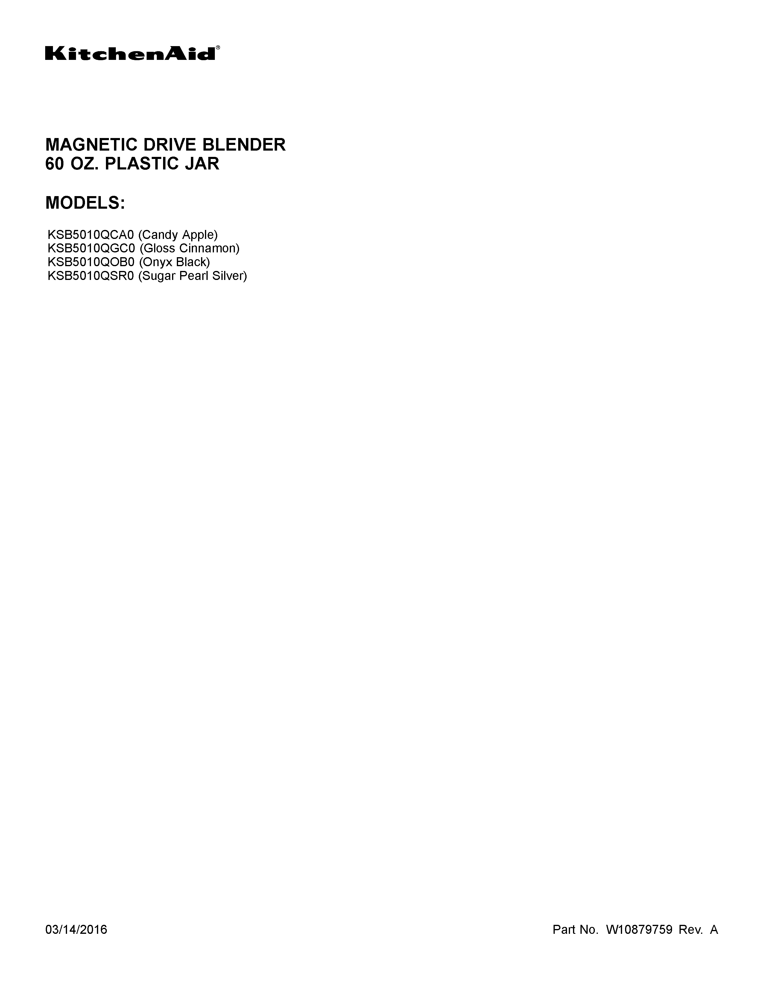 KitchenAid KSB5010QOB0 cover sheet diagram