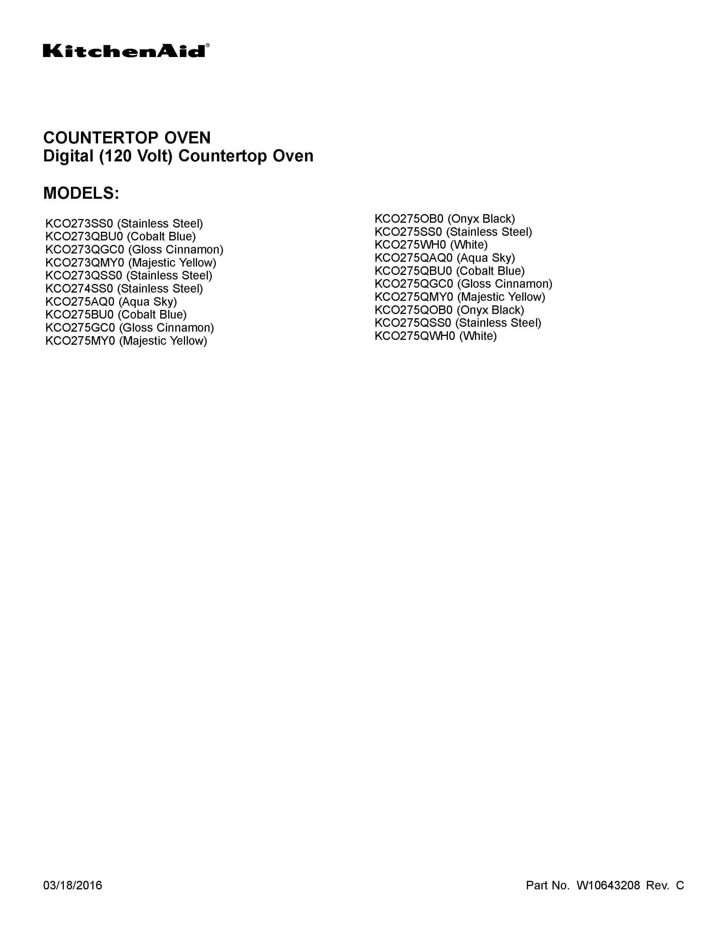 KitchenAid KCO275GC0 cover sheet diagram