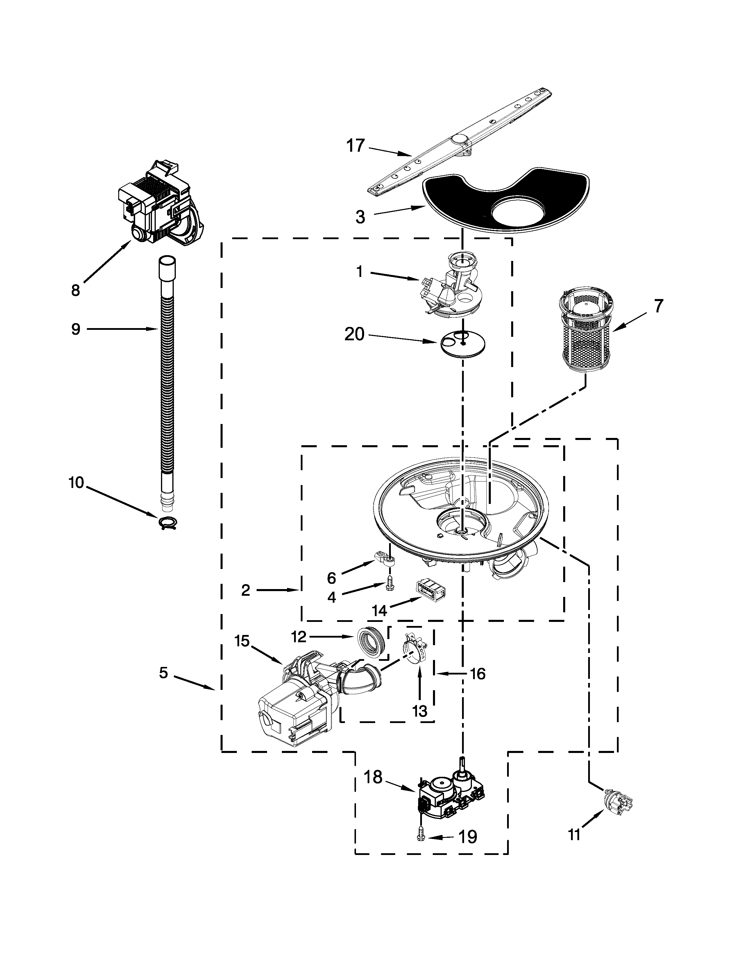 Whirlpool WDT720PADH0 pump, washarm and motor parts diagram