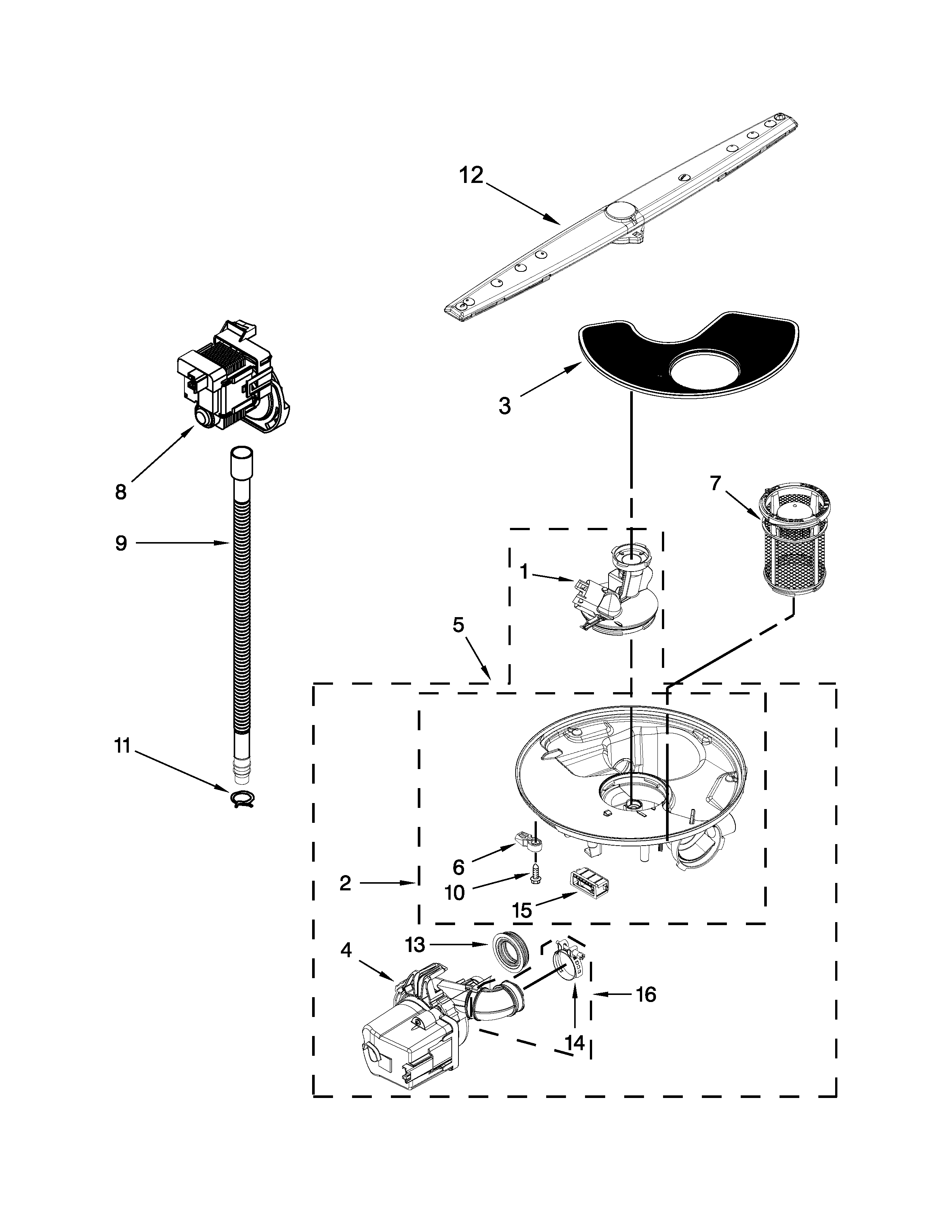 Amana ADB1100AWS3 pump, washarm and motor parts diagram