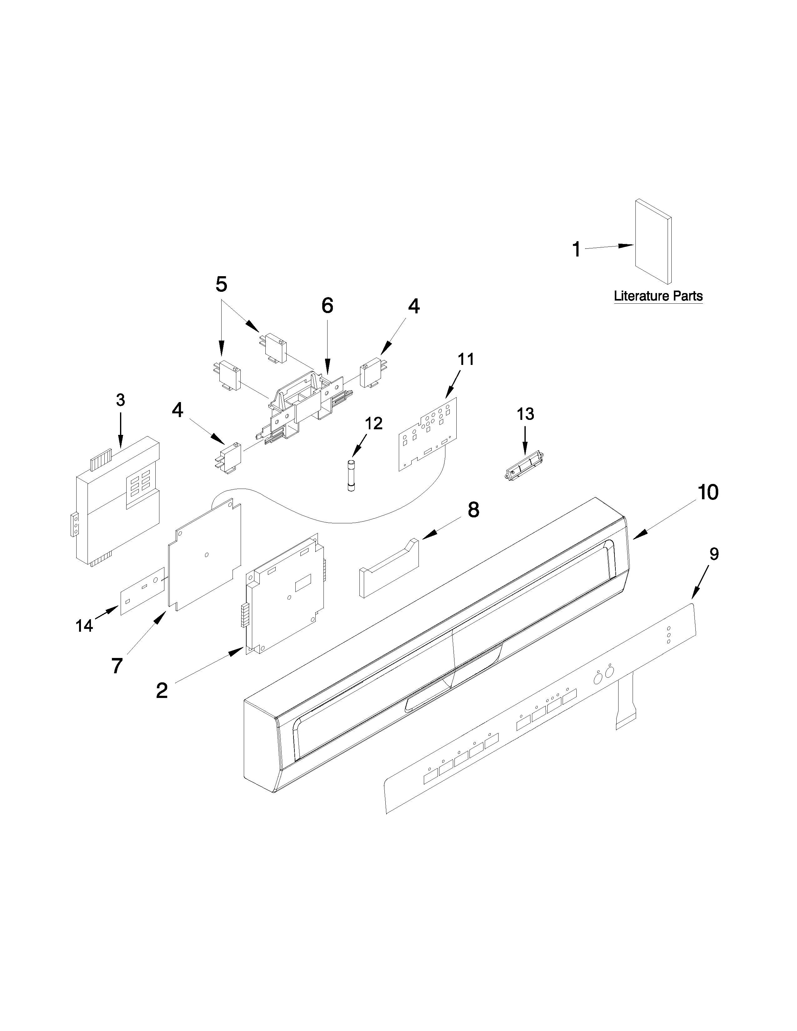 Whirlpool WDF550SAFS0 control panel and latch parts diagram