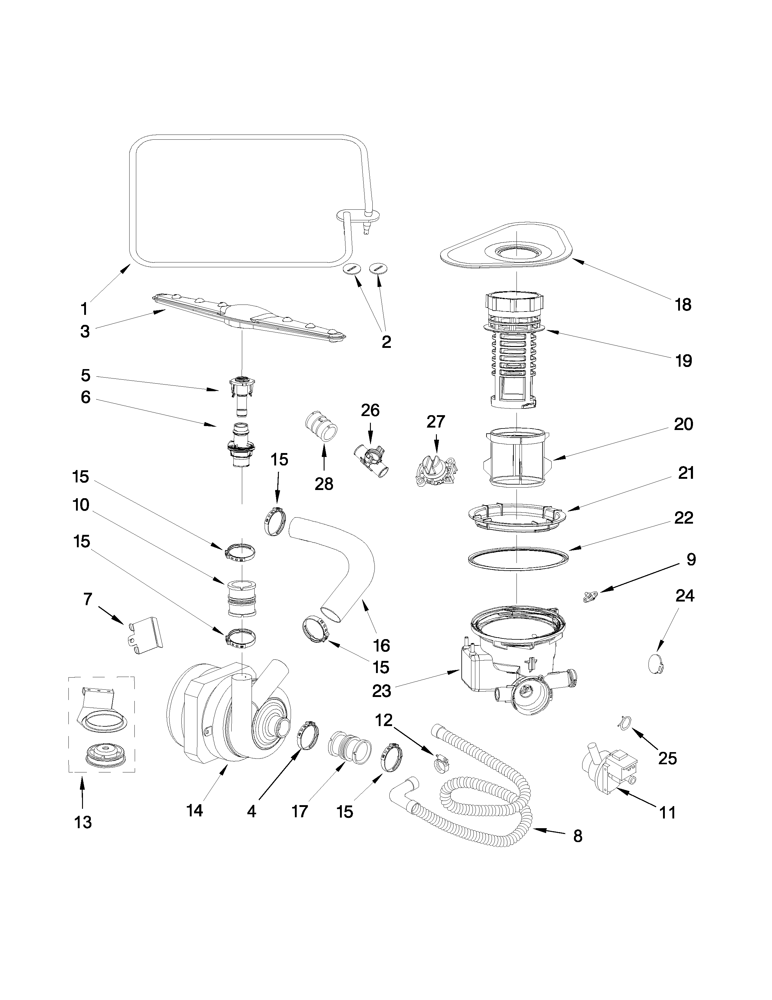 Whirlpool WDF550SAFS0 pump and sprayarm parts diagram