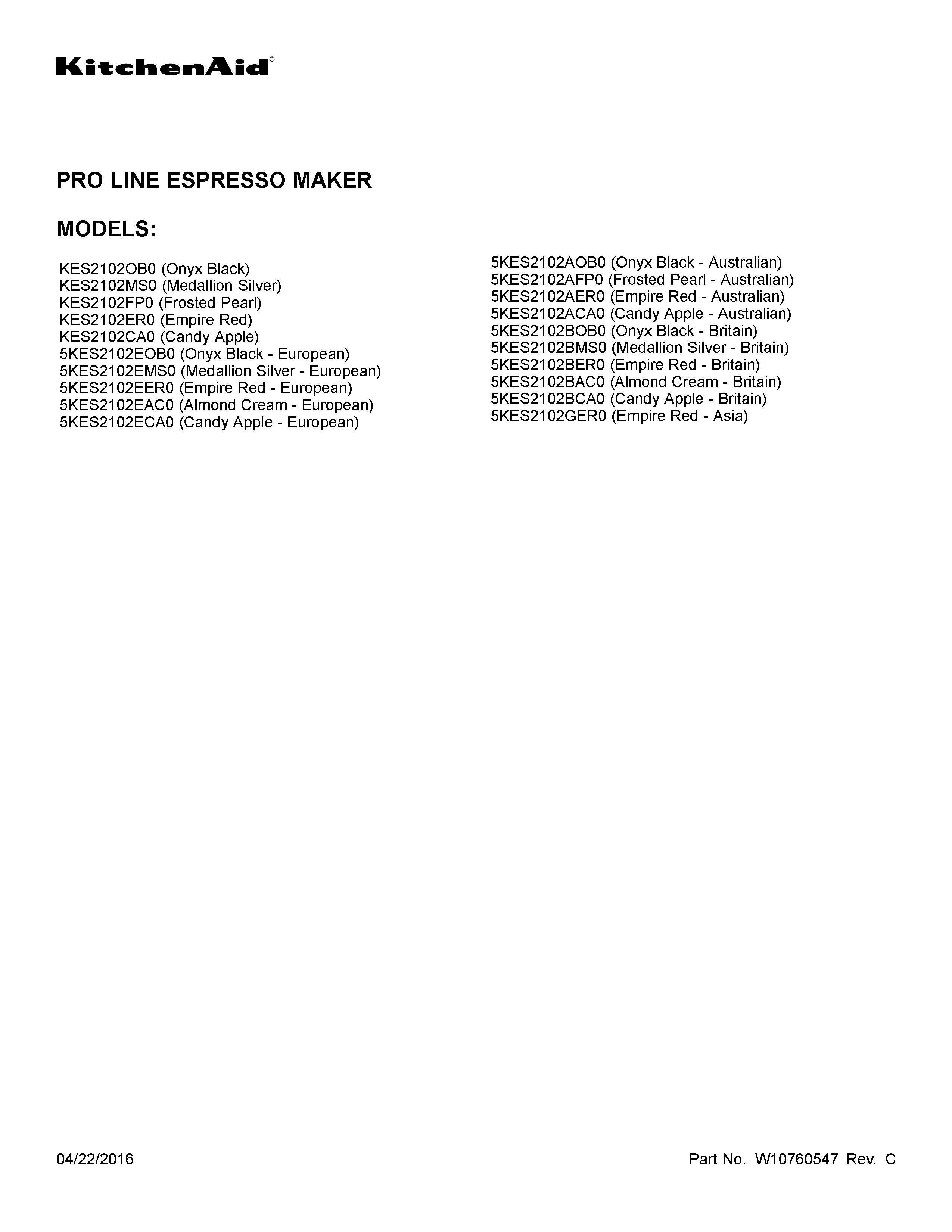 KitchenAid KES2102OB0 cover sheet diagram