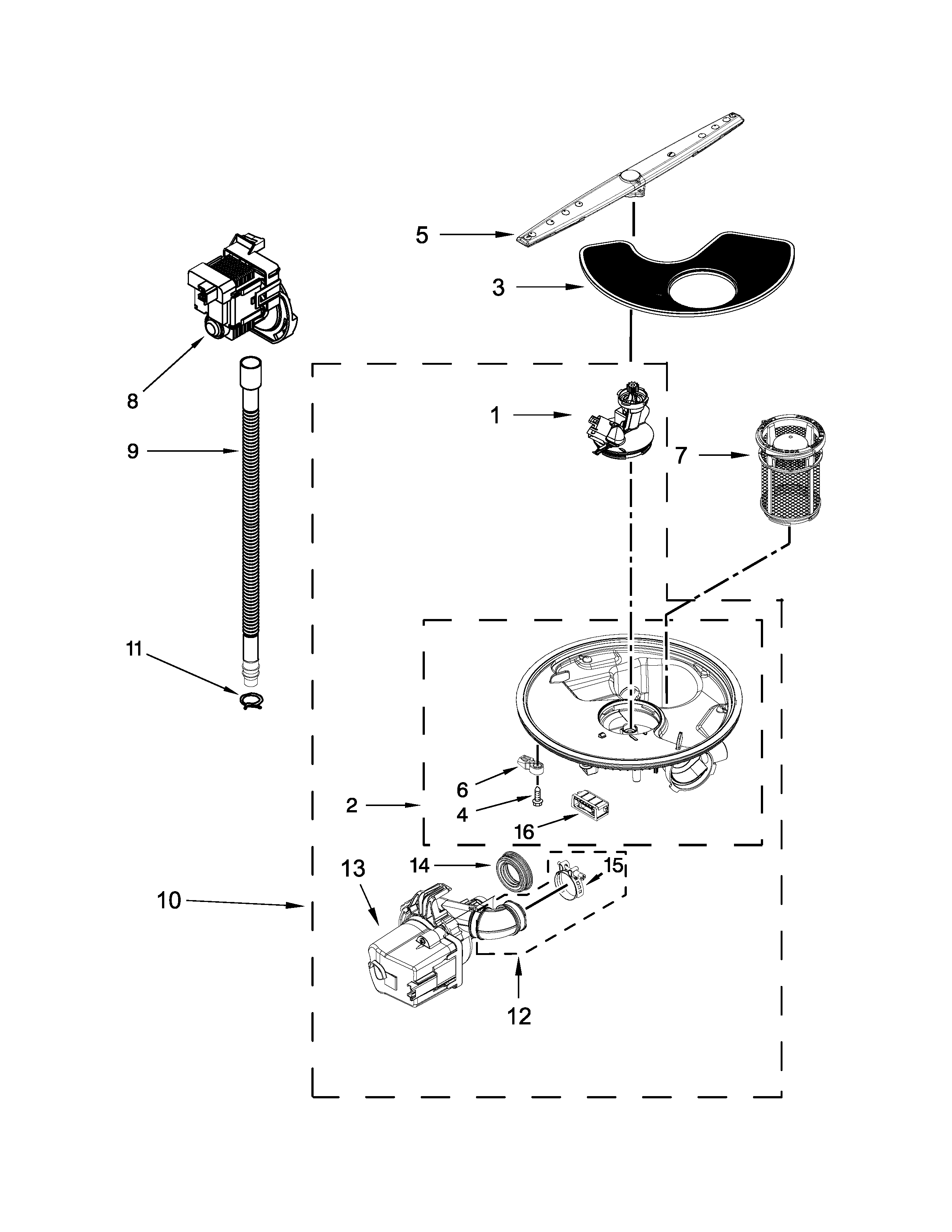 Amana ADB1300AFB1 pump, washarm and motor parts diagram